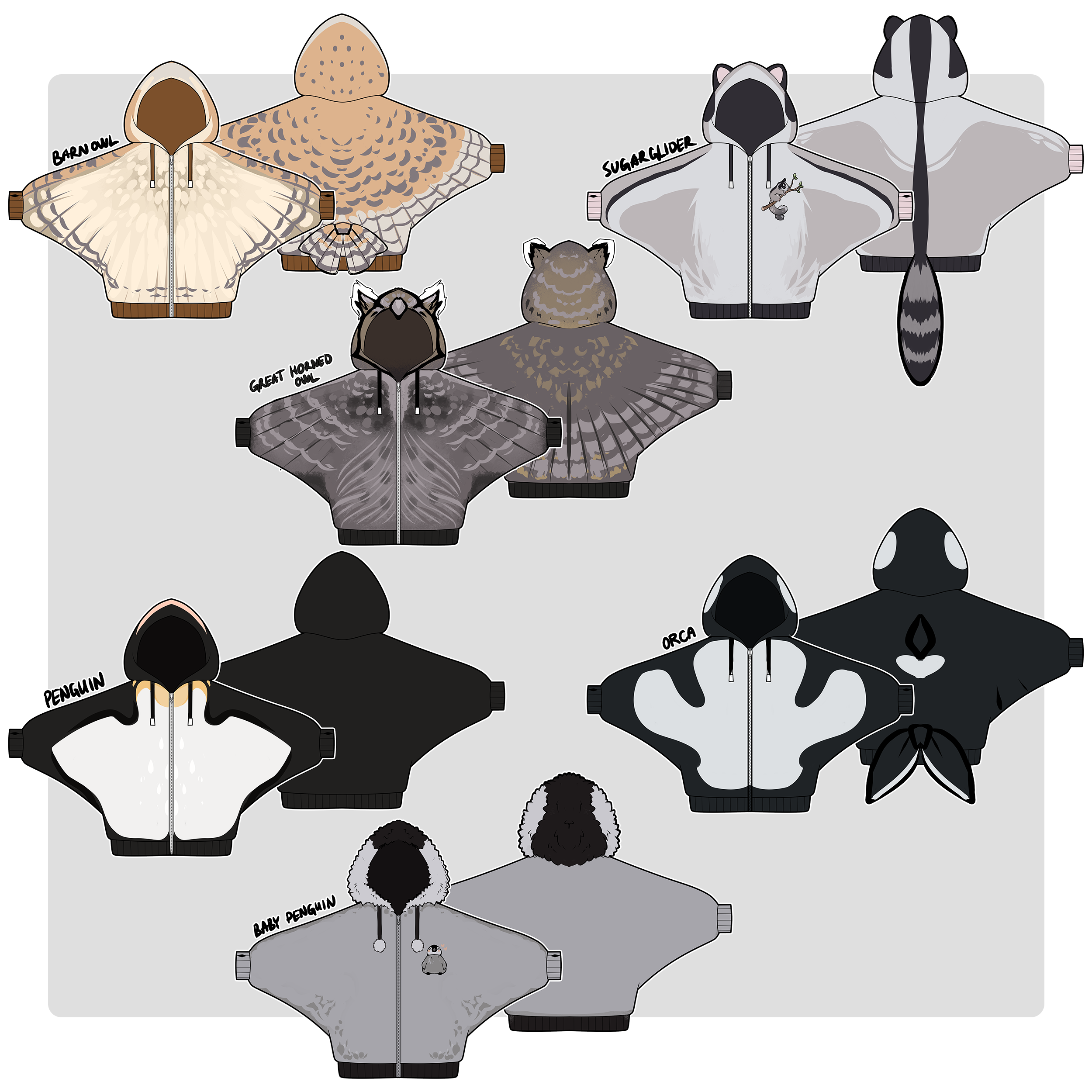 Nyahallo Animal Hoodie Concepts – Barn Owl, Sugar Glider, Great Horned Owl, Penguin, Orca, Baby Penguin Designs