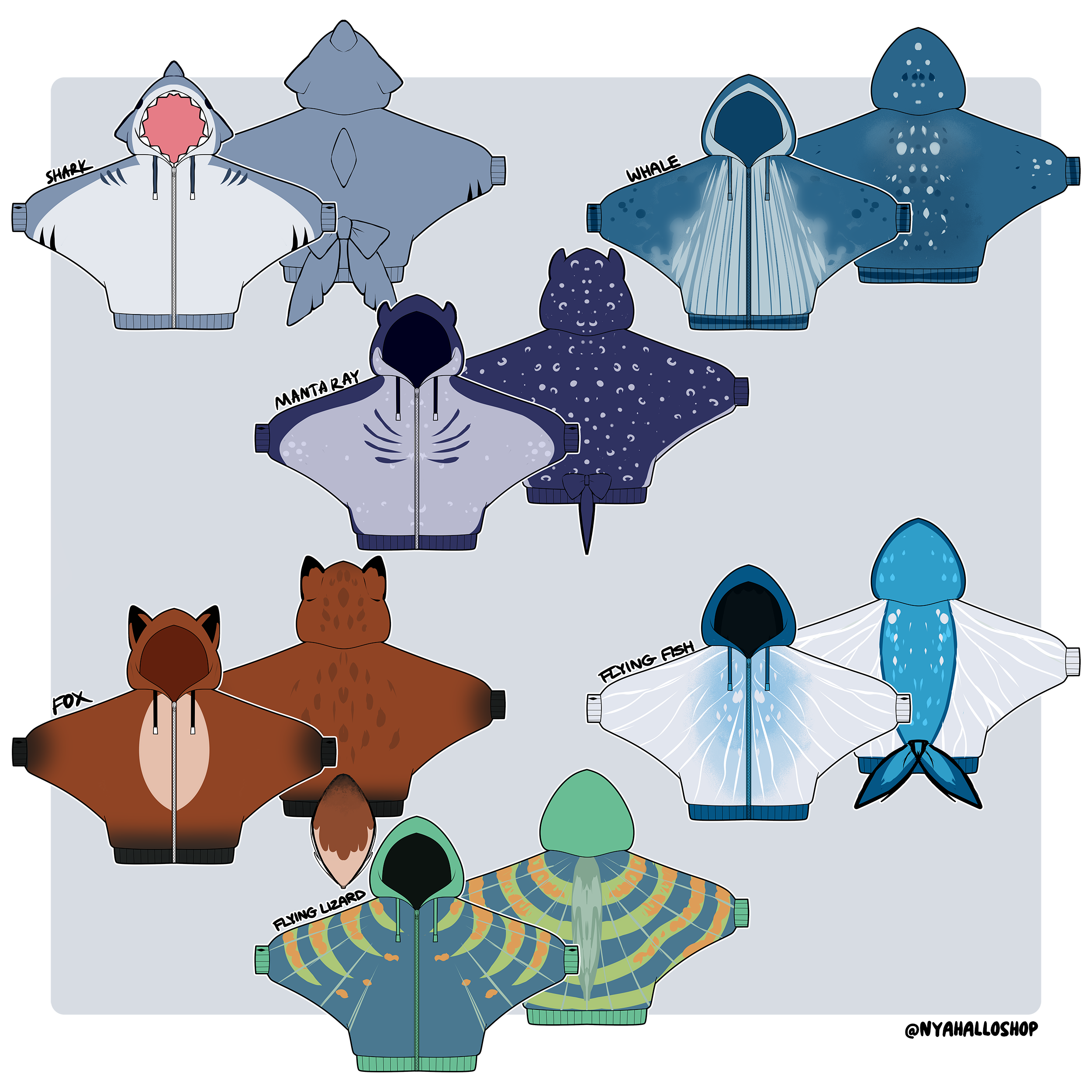 Nyahallo Animal Hoodie Concepts – Shark, Whale, Manta Ray, Flying Fish, Fox, Flying Lizard Designs in Various Ocean and Forest Themes