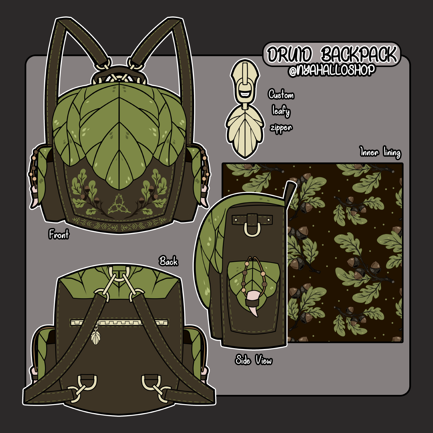 Illustrated design sheet of a druid-themed backpack with custom leaf zipper, fantasy oak leaf lining, and earthy green tones. Front, back, and side views with vegan leather straps.