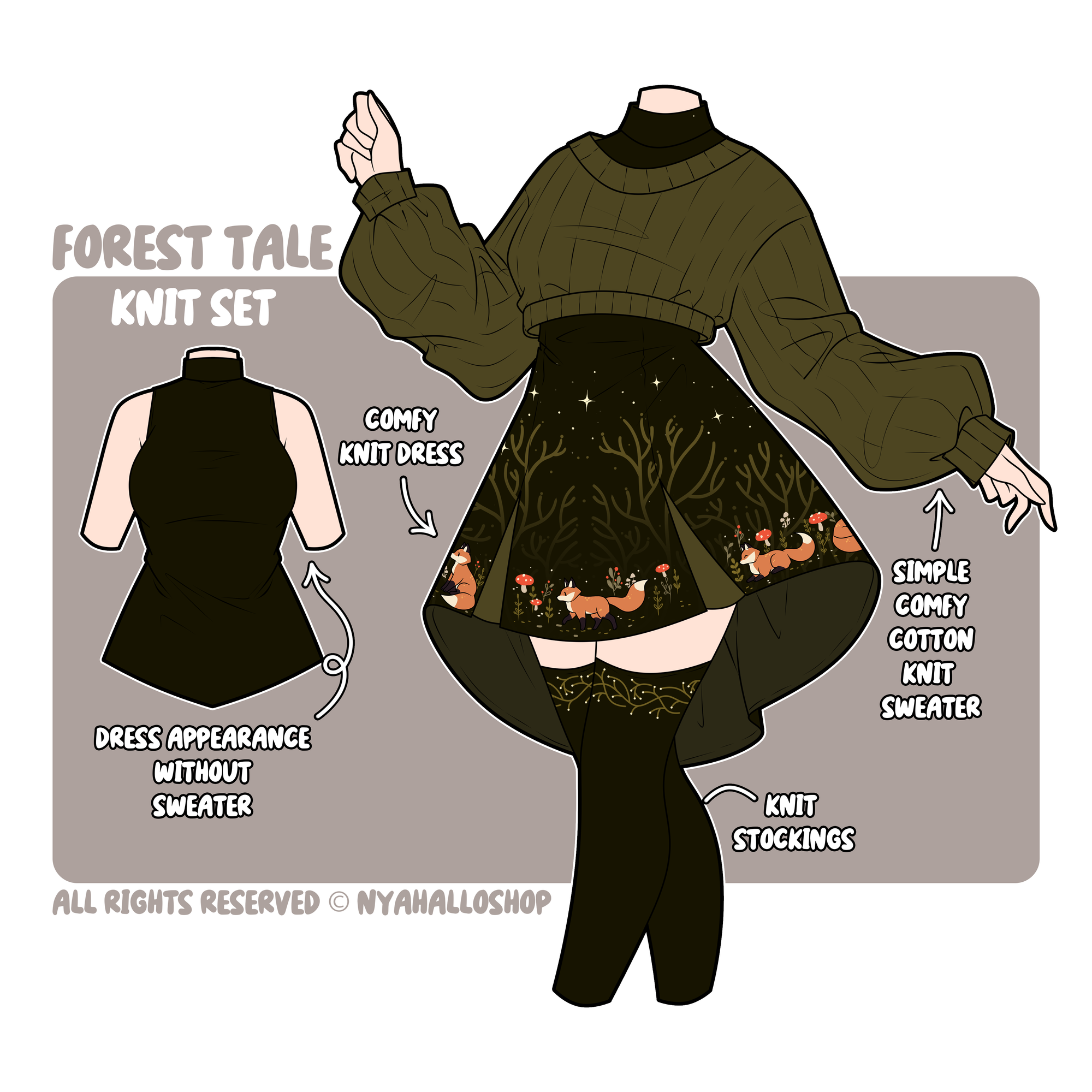 Front view of Forest Tale knit set with cropped sweater and layered dress, , and socks in dark knit.