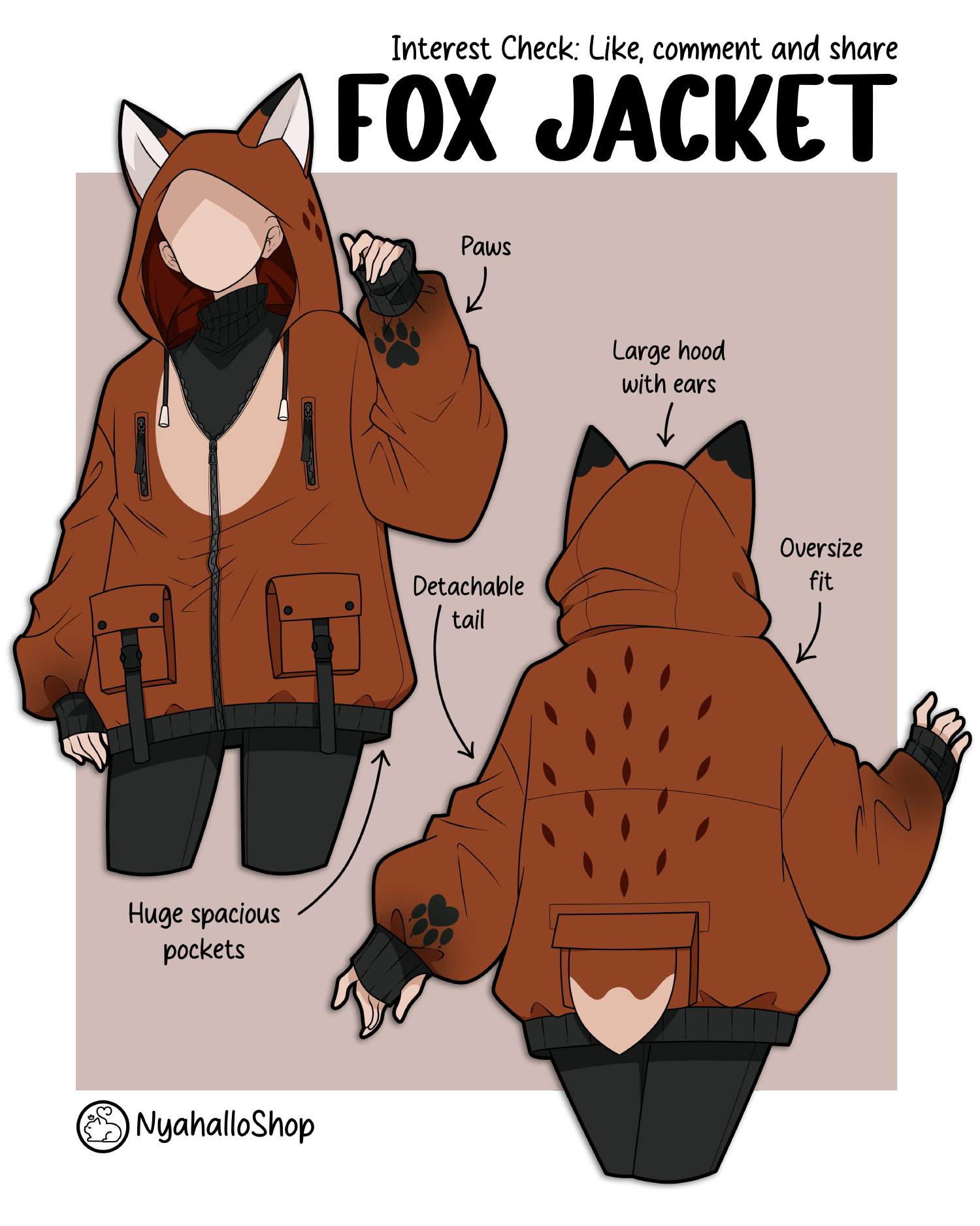 Illustrated concept of an oversized unisex fox jacket with large hood, fox ears, detachable tail, paw-print sleeves, and spacious front pockets. Shown from front and back views.