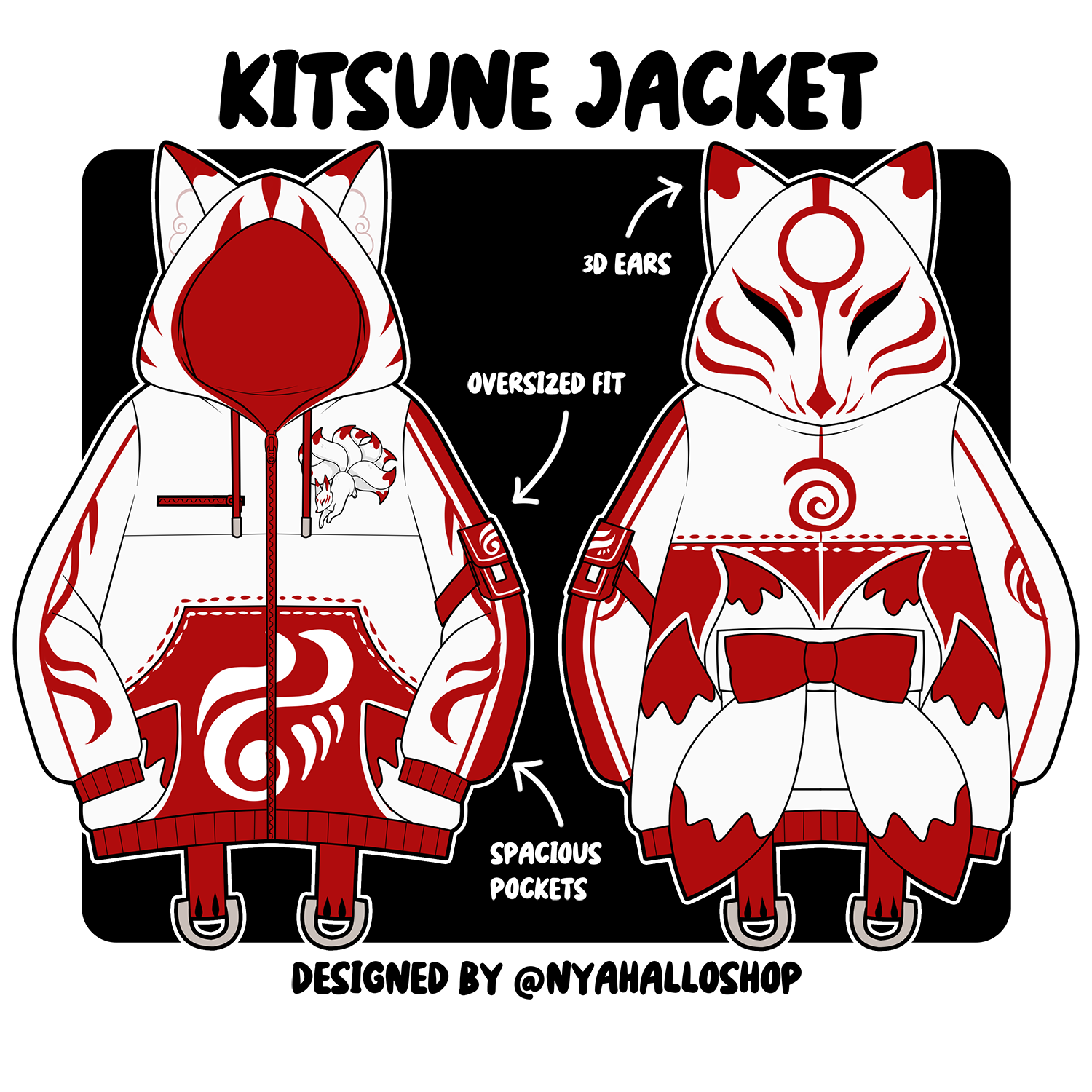 Illustration of a red and white oversized Kitsune jacket featuring 3D fox ears, spacious pockets, embroidery, and a large back bow. Designed by @nyahalloshop.