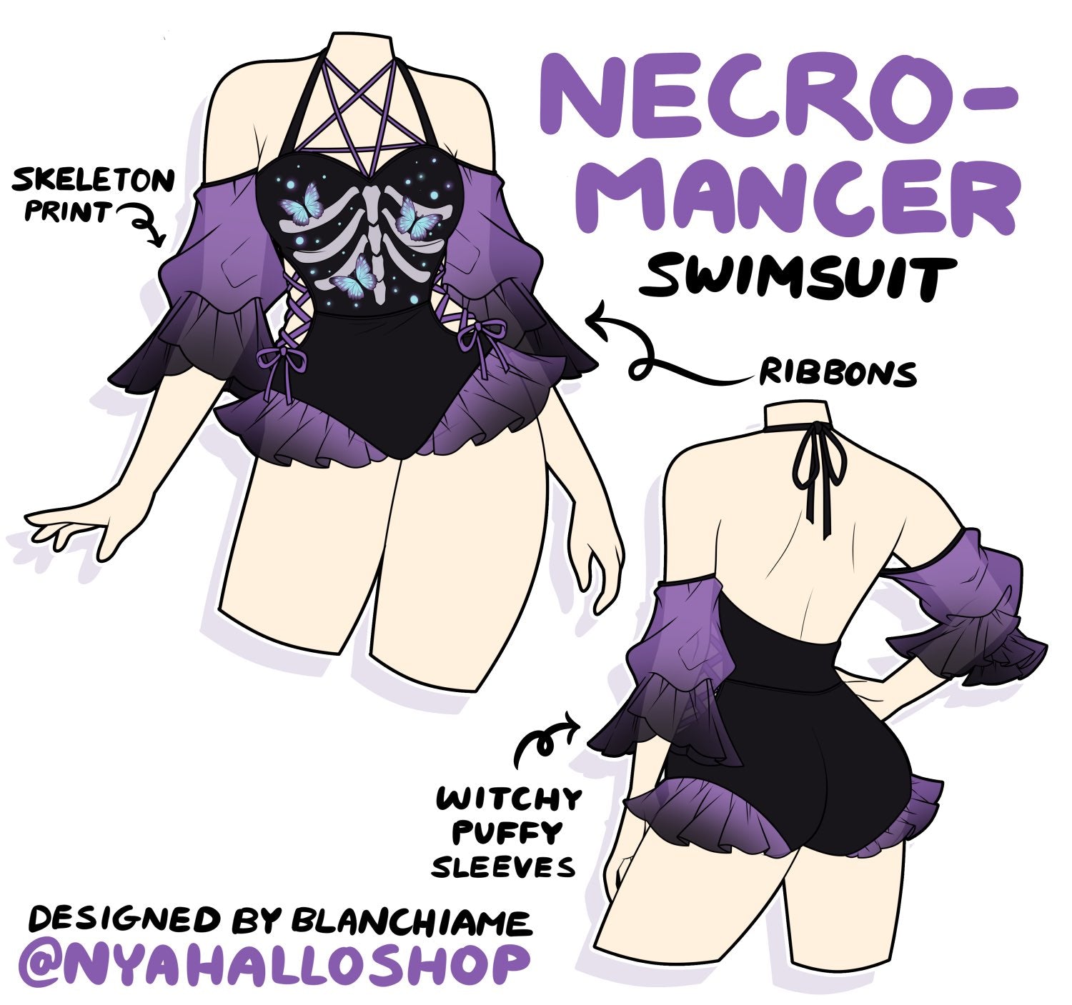 Digital illustration of the Necromancer Swimsuit showing front and back views. The design features a black one-piece with purple puffy sleeves, skeleton and butterfly print, crisscross straps, and ribbon details. Text labels highlight features like witchy sleeves and skeleton print.