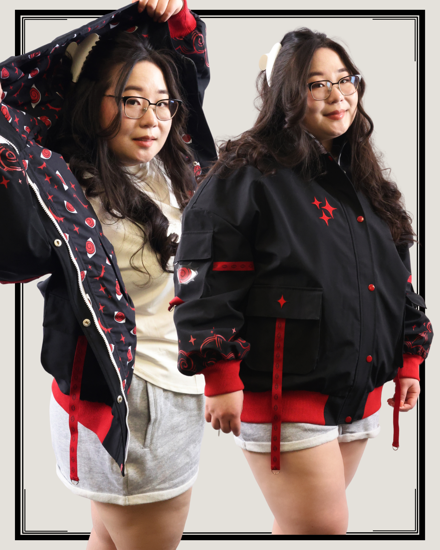 Model wearing a black and red jacket with floral patterns on a plain background