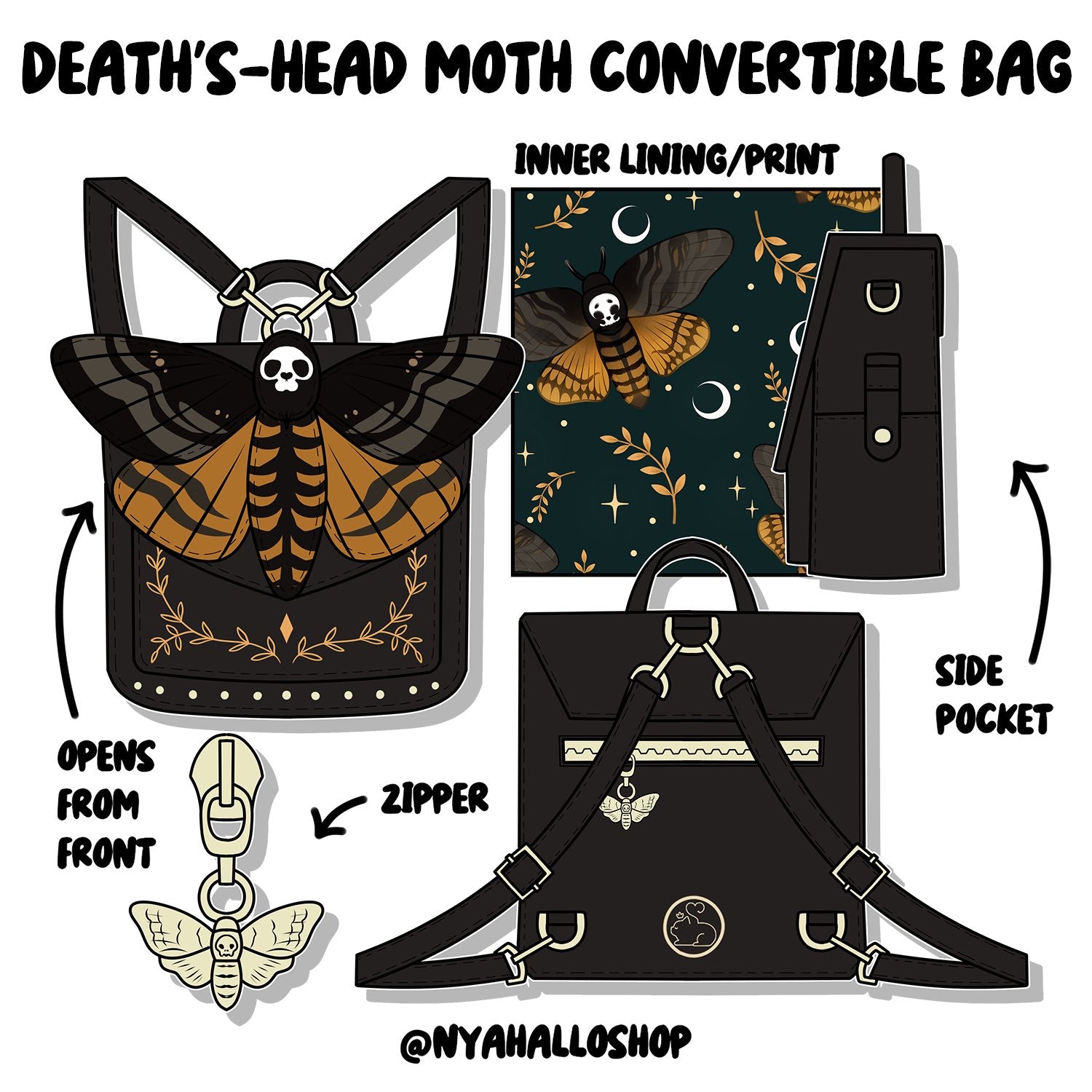 [PRE-SAMPLE PRE-ORDER] Deaths-head Hawkmoth Convertible bag (sample in progress)