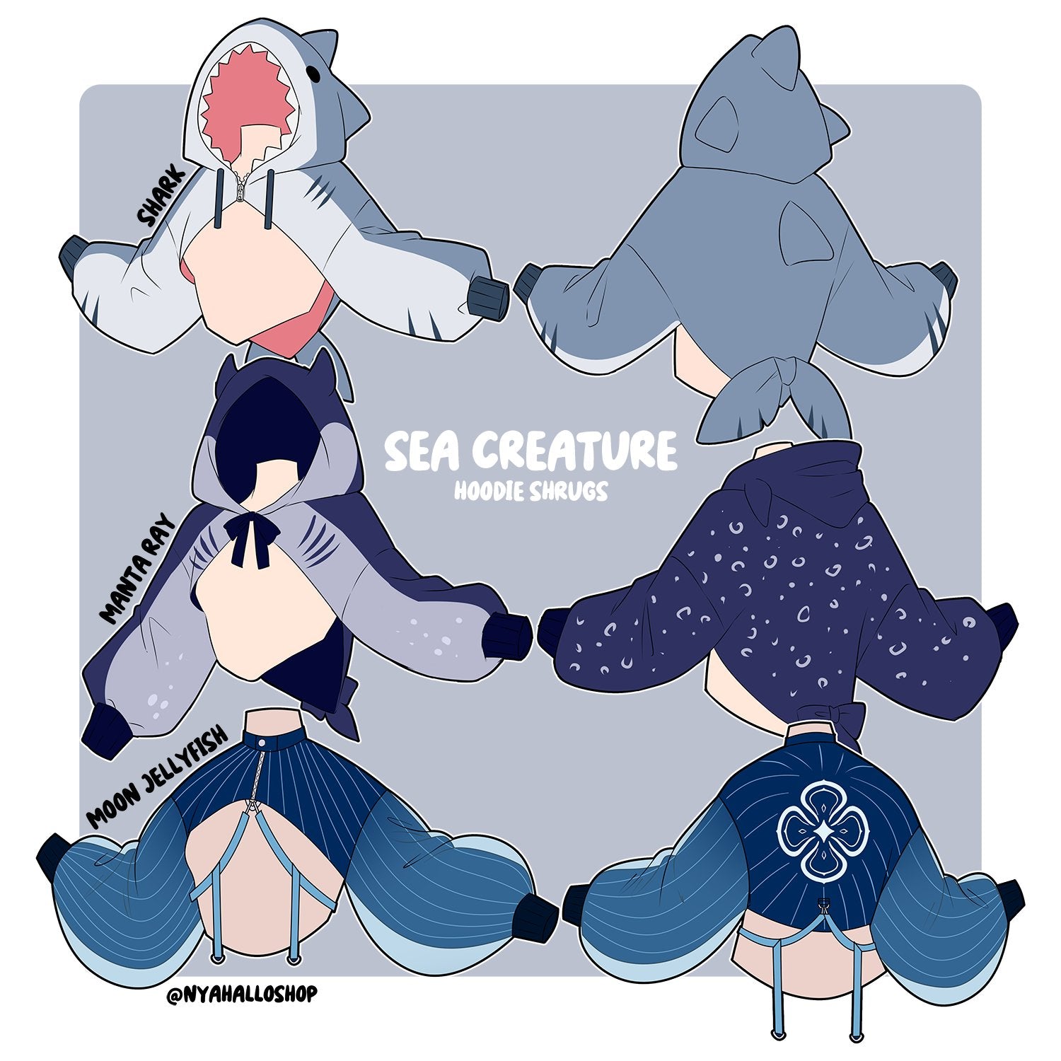 [PRE-SAMPLE PRE-ORDER] Sea Creature Hoodie Shrugs UNISEX WEAR (SHARK, MANTA RAY, MOON JELLYFISH) aquatic fashion, streetwear fashion