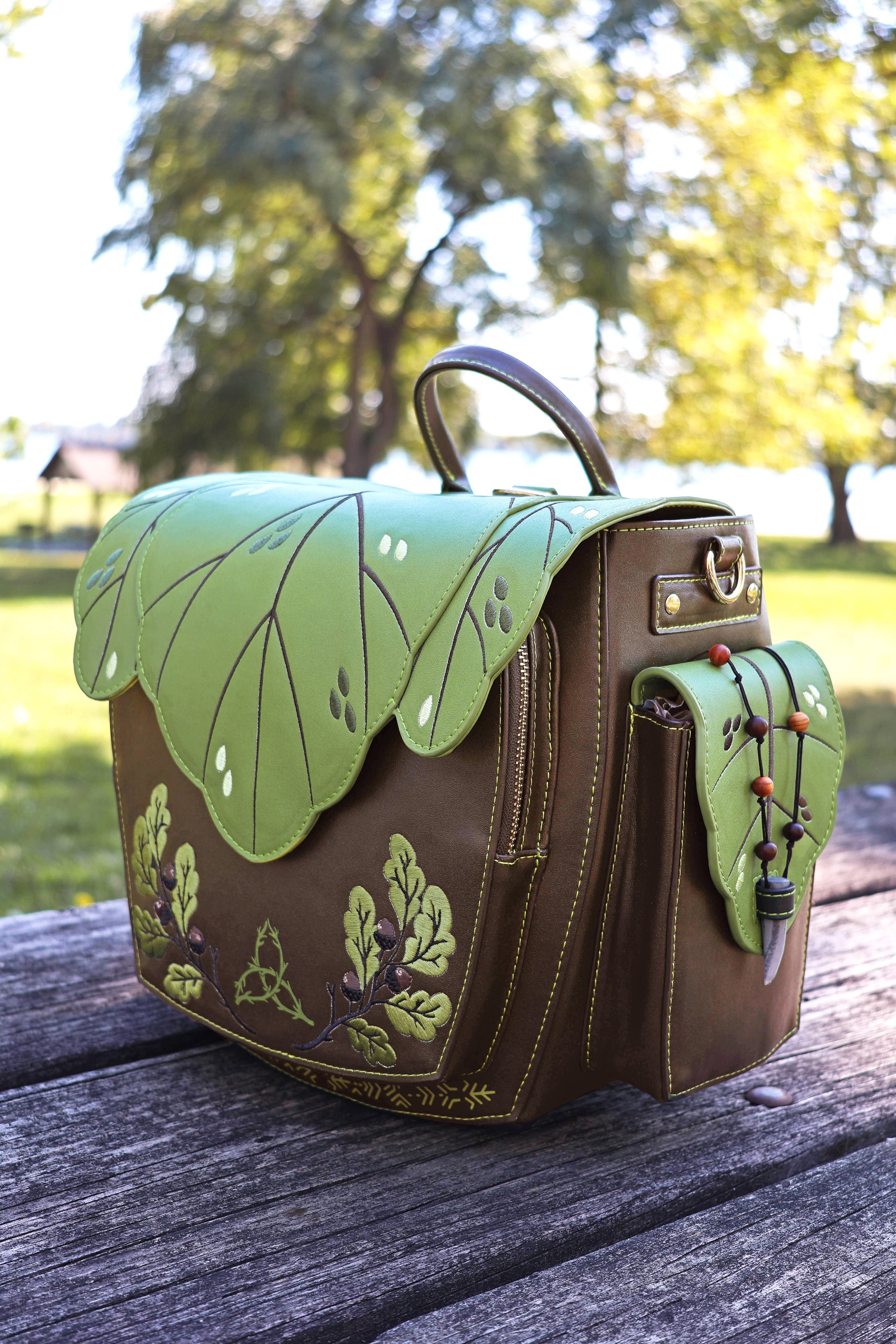 Druid Backpack, Leafy Fantasy Bag with Custom Zipper and Oak Lining (BACKORDERED)