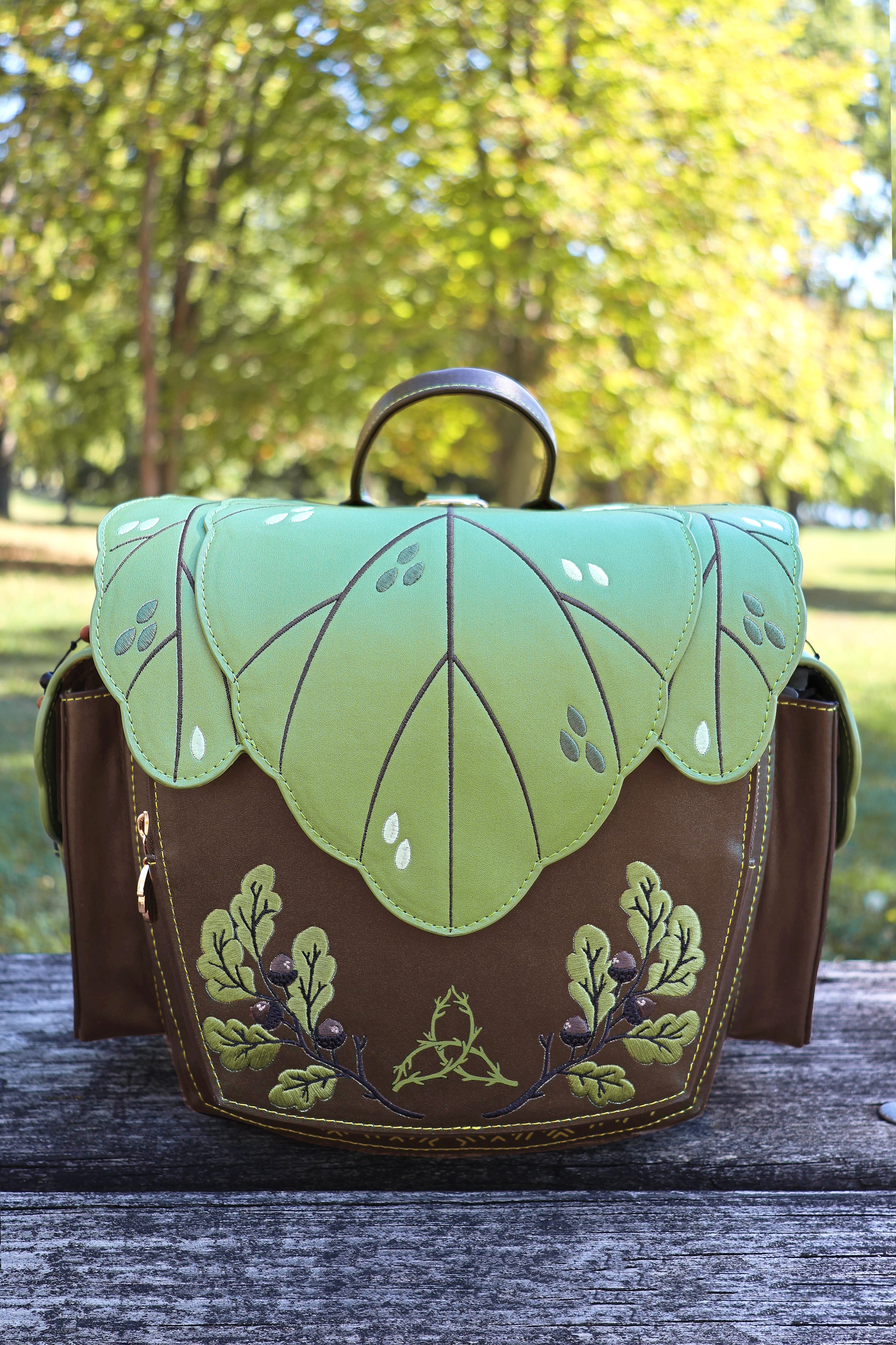 Druid Backpack, Leafy Fantasy Bag with Custom Zipper and Oak Lining (BACKORDERED)