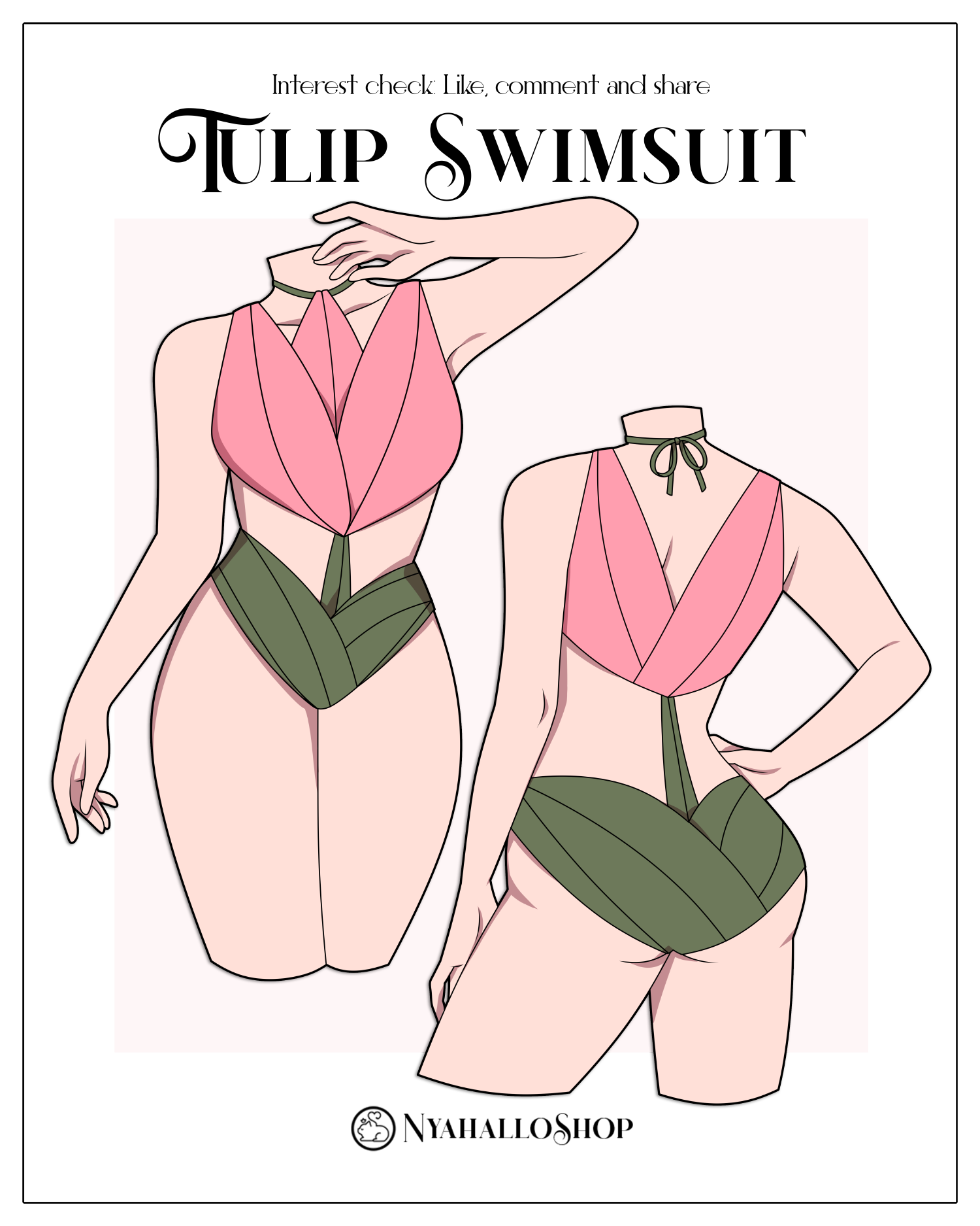 Digital illustration of a pink and green tulip-inspired swimsuit shown from both front and back views. The top is shaped like overlapping pink petals, while the bottom resembles layered green leaves. The swimsuit ties at the neck and features a petal-to-leaf transition at the waist. The design is displayed on a minimal background with the text “Tulip Swimsuit” and “Nyahallo Shop” at the bottom.