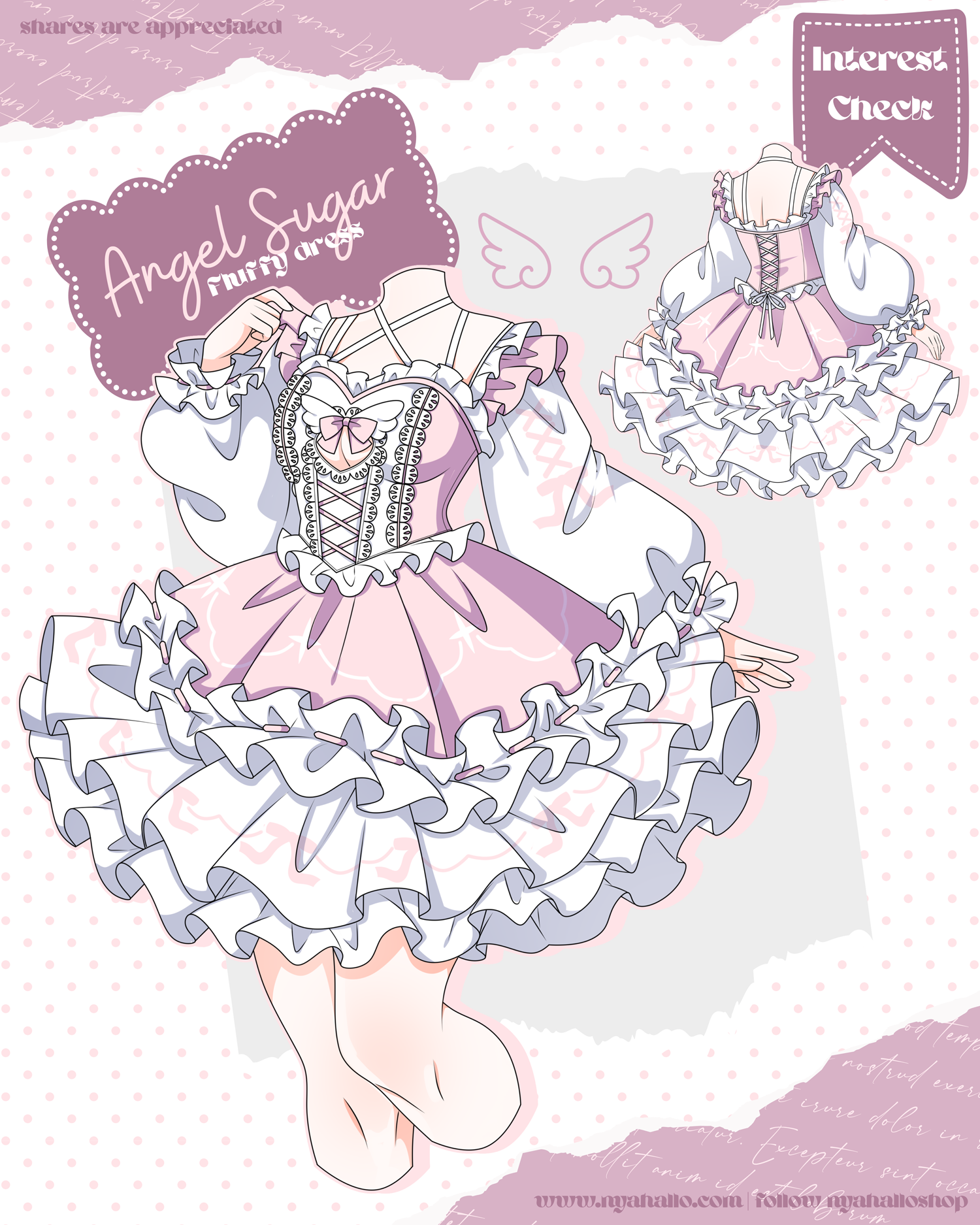 Angel Sugar magical girl dress featuring pastel pink and white ruffles, angel-inspired details, decorative bows, corset lacing, and a whimsical fantasy aesthetic.