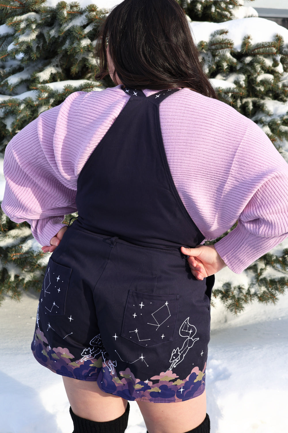 Celestial fantasy overalls with star constellation details and pastel cloud artwork