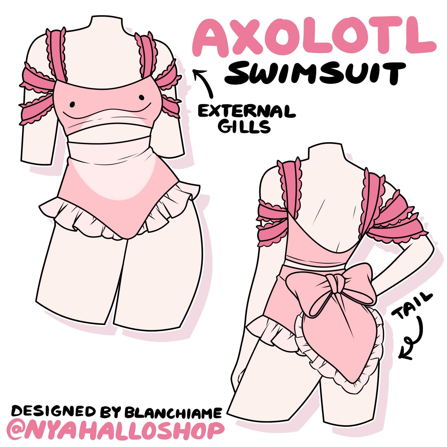 Pink axolotl-inspired one-piece swimsuit concept art with frilly external gill sleeves, oversized tail bow, and kawaii fantasy swimwear details.