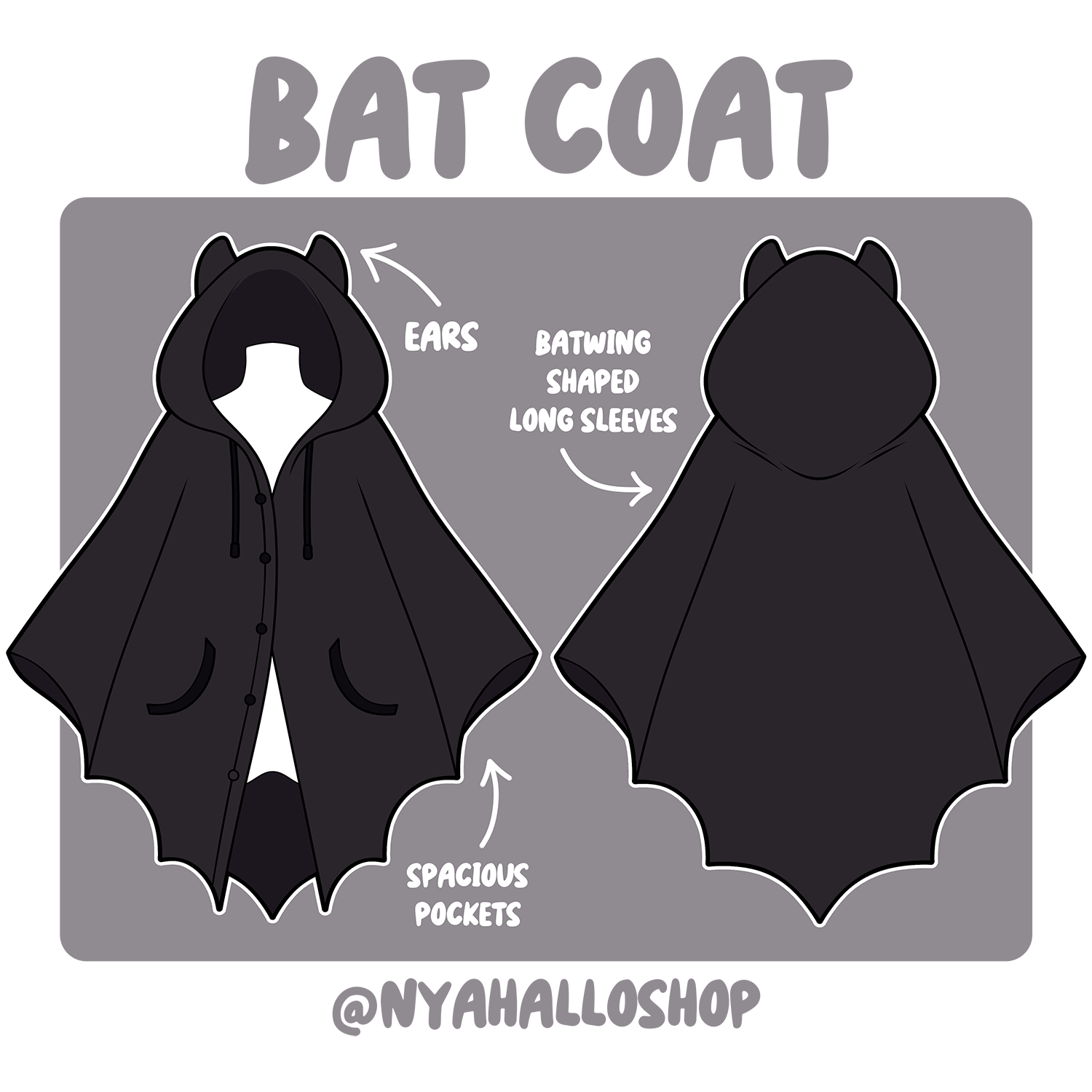 Illustration of a black bat cloak with batwing shaped long sleeves, ears, and spacious pockets, displayed in both front and back views.