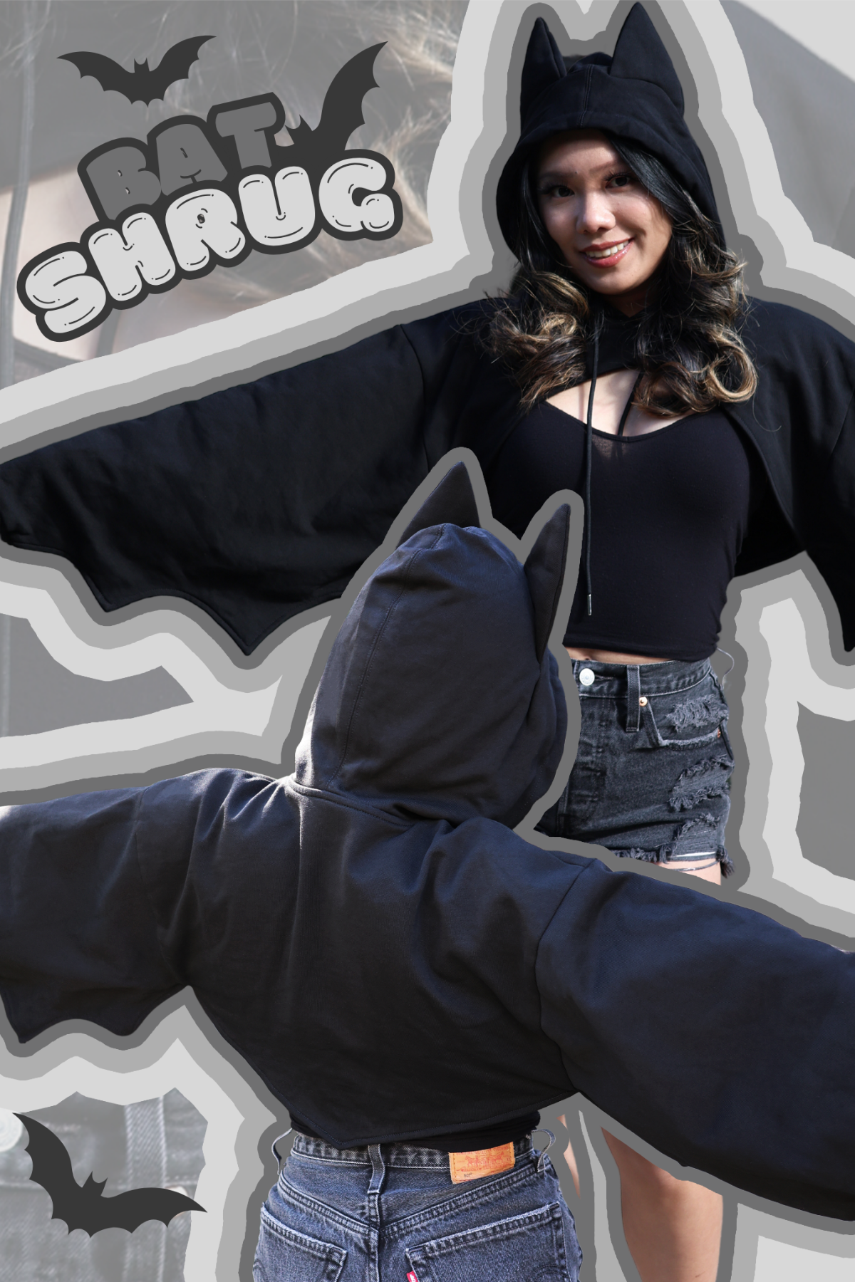 Cover graphic featuring the Nyahallo Bat Wing Hoodie with front and back views, showcasing bat ears, dramatic wing sleeves, and a cropped hoodie silhouette.