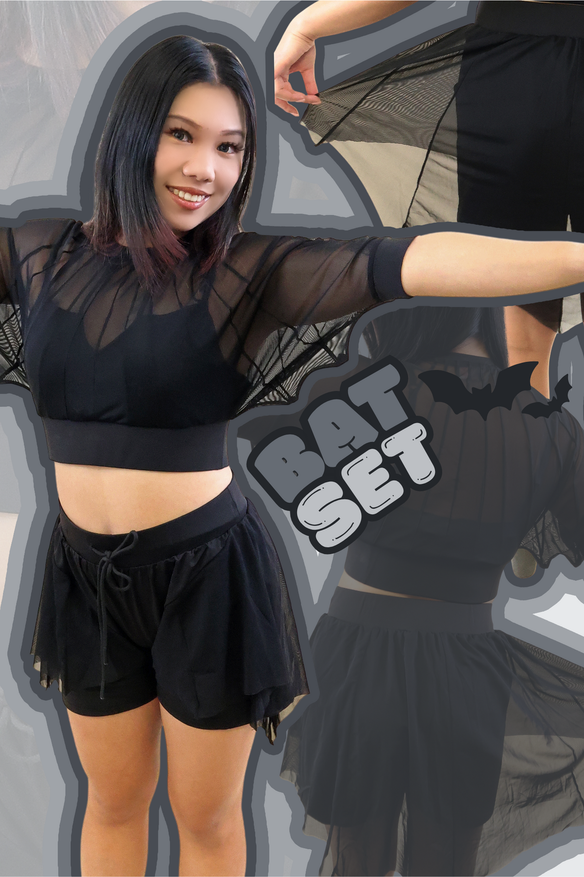 A woman modeling a black bat-themed dance outfit consisting of a sheer long-sleeve crop top and matching shorts, with a faded duplicate view of the outfit behind her. A graphic overlay reads 'BAT SET'.