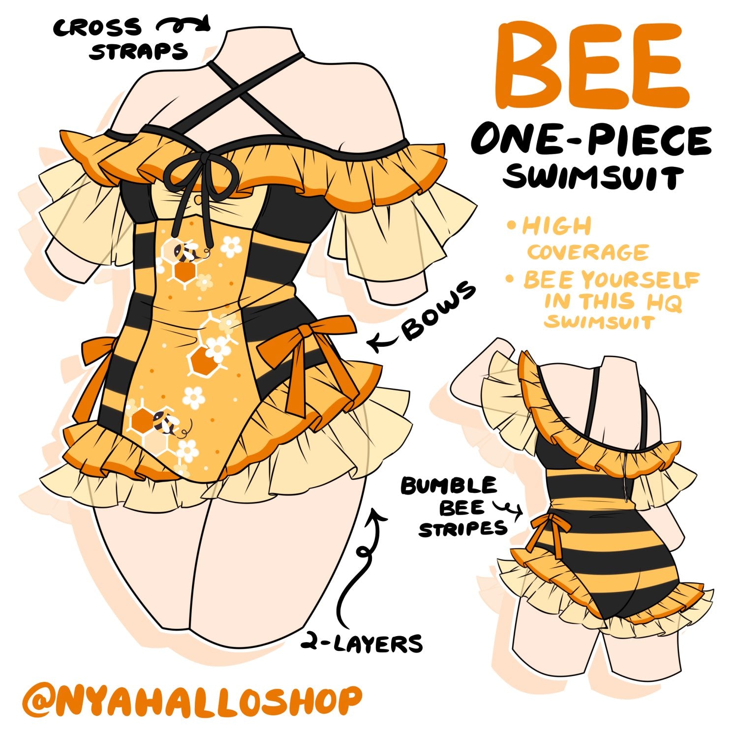 Yellow and black bee-inspired one piece swimsuit with layered frills, cross-back straps, bows, and bumblebee stripe details.
