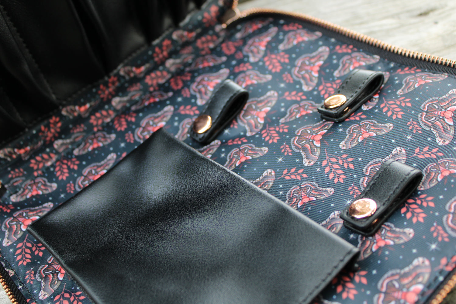 Botanical moth print backpack interior inspired by entomology fashion, naturecore, and whimsical fairycore aesthetics