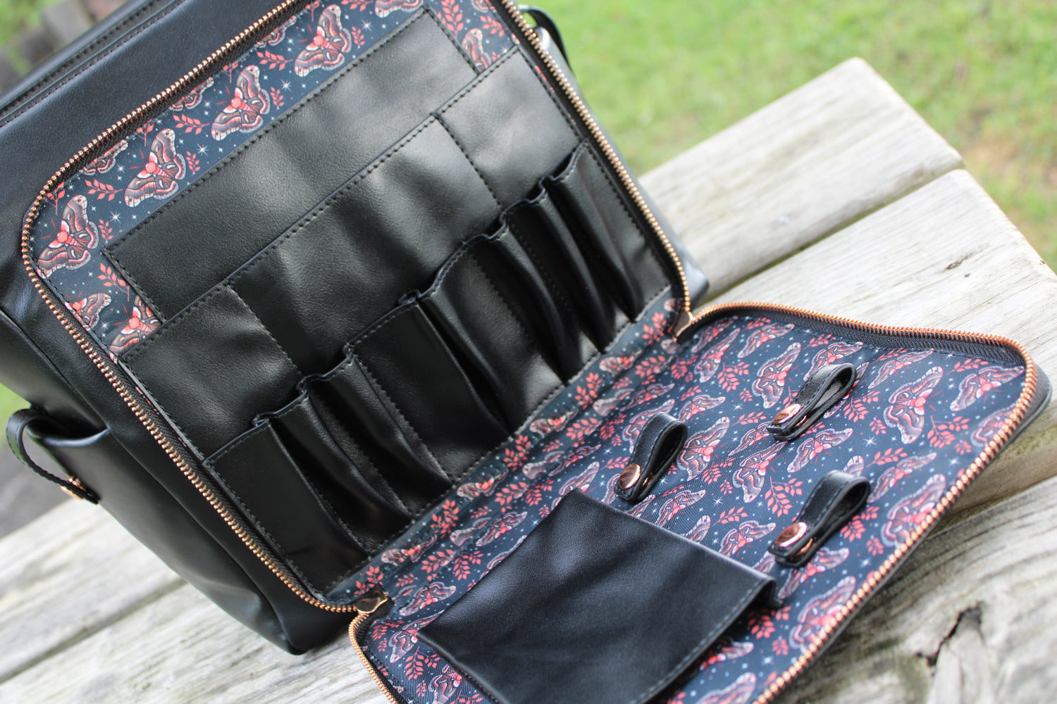 Fairycore and entomology fashion backpack interior with moth print lining, storage pockets, in a naturecore aesthetic