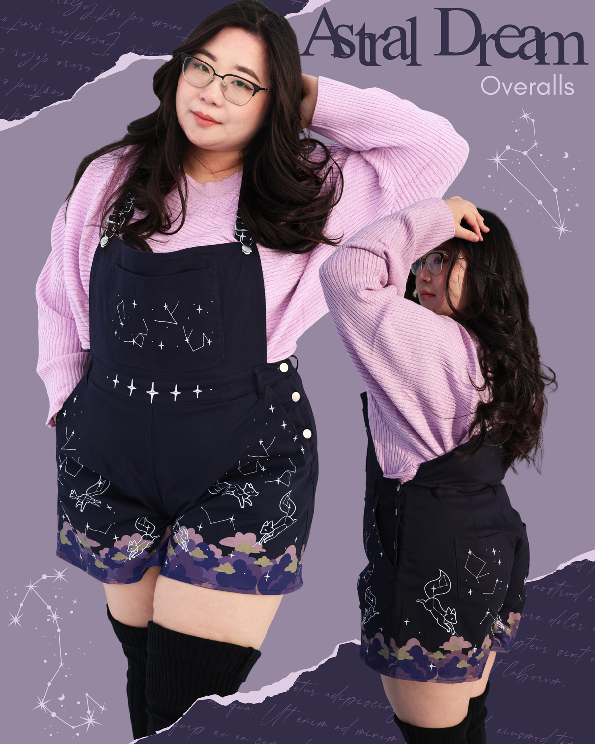 Model wearing navy Astral Dream overalls with constellation patterns, moon and star details, and pastel cloud accents shown from multiple angles.
