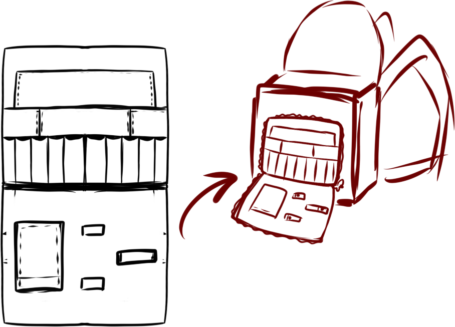 Sketch of a convertible backpack with fold-down front flap revealing card slots, zip compartments, and organizer sections. Functional layout concept for utility bags.