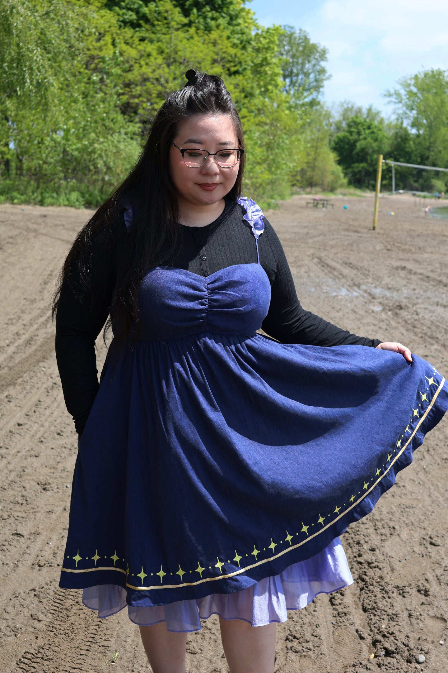 Front view of the Cosmic Moth Dress featuring a ruched bodice, celestial star hem, and layered fairycore skirt