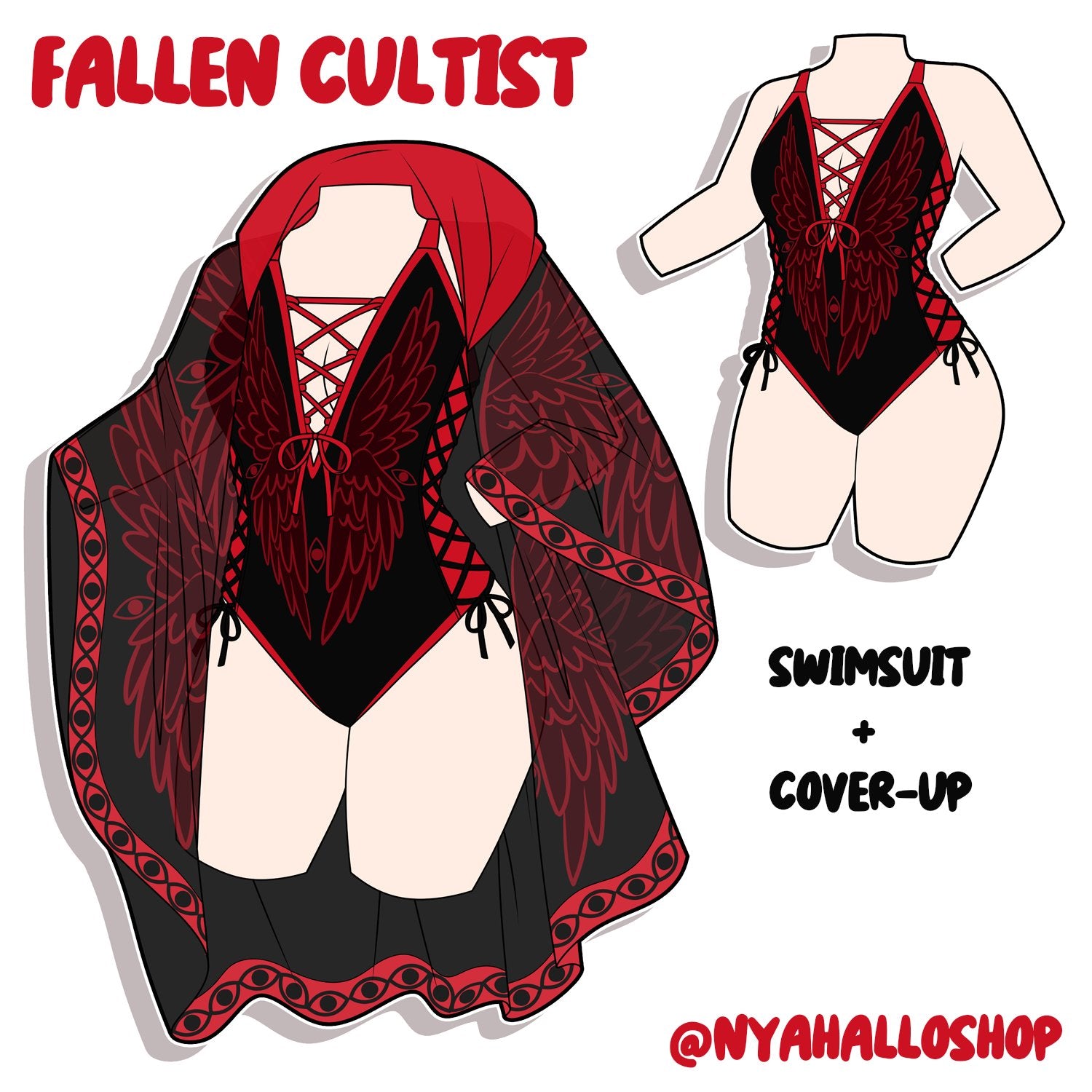 Black and red dark fantasy swimsuit with lace-up details and matching sheer wing-patterned cover-up inspired by gothic and cultist aesthetics.