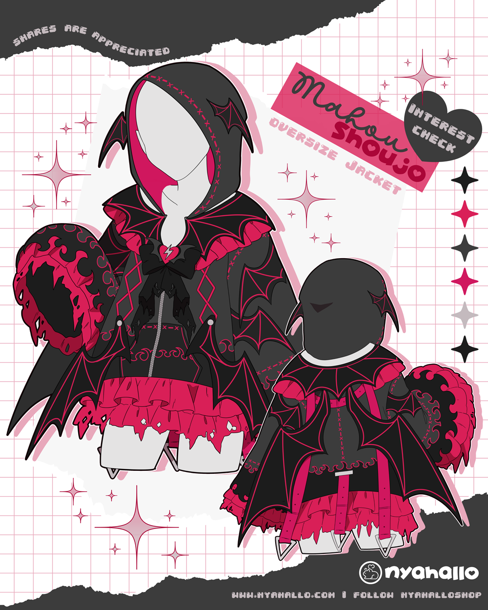 Dark magical girl fashion jacket featuring bat wings, gothic ruffles, oversized sleeves, heart motifs, and black and pink fantasy aesthetics.