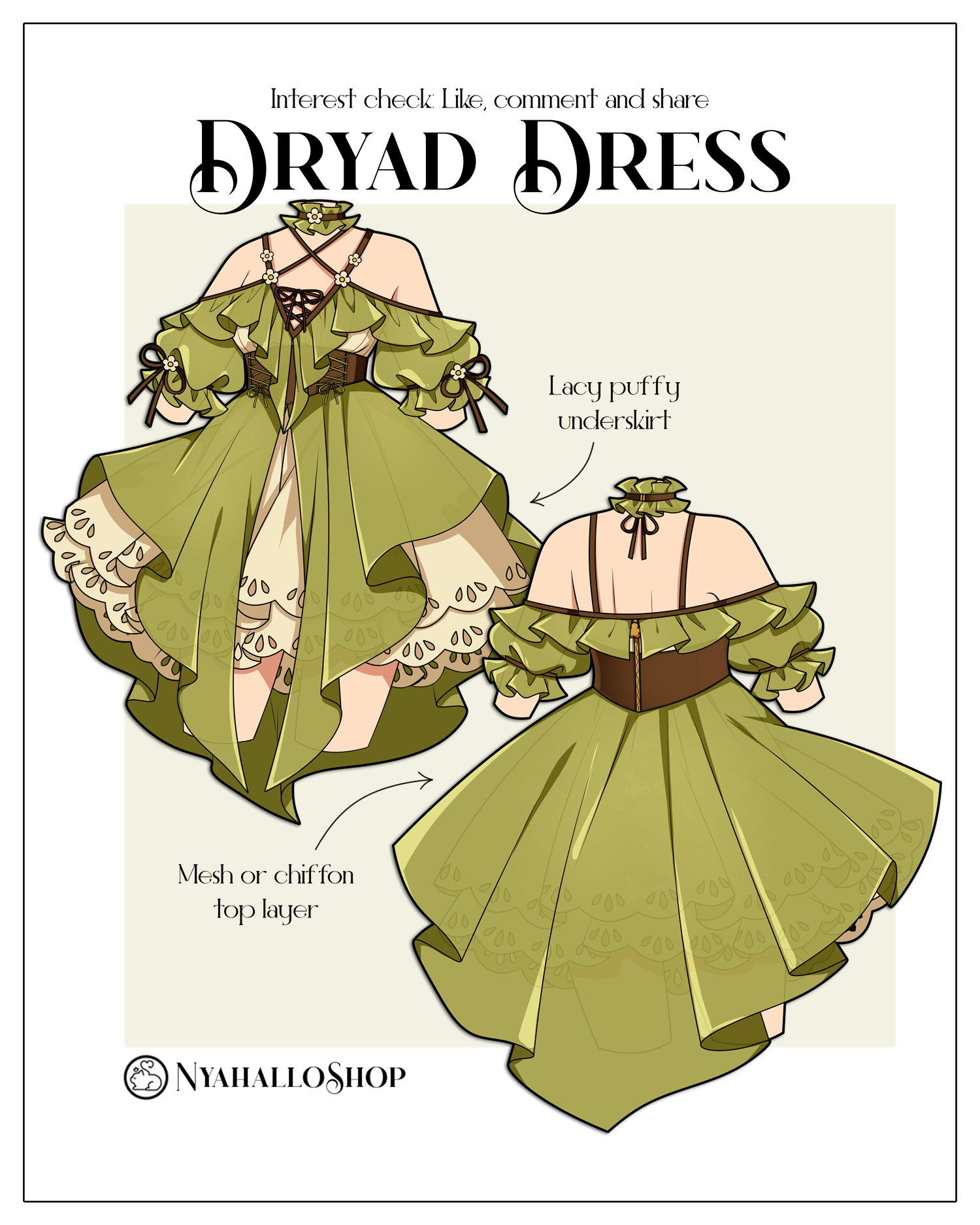 Illustration of the “Dryad Dress” by Nyahallo, a green cottagecore gown with lace underskirt, off-shoulder ruffle sleeves, and layered chiffon top. The image includes front and back views with labeled features and a NyahalloShop logo.