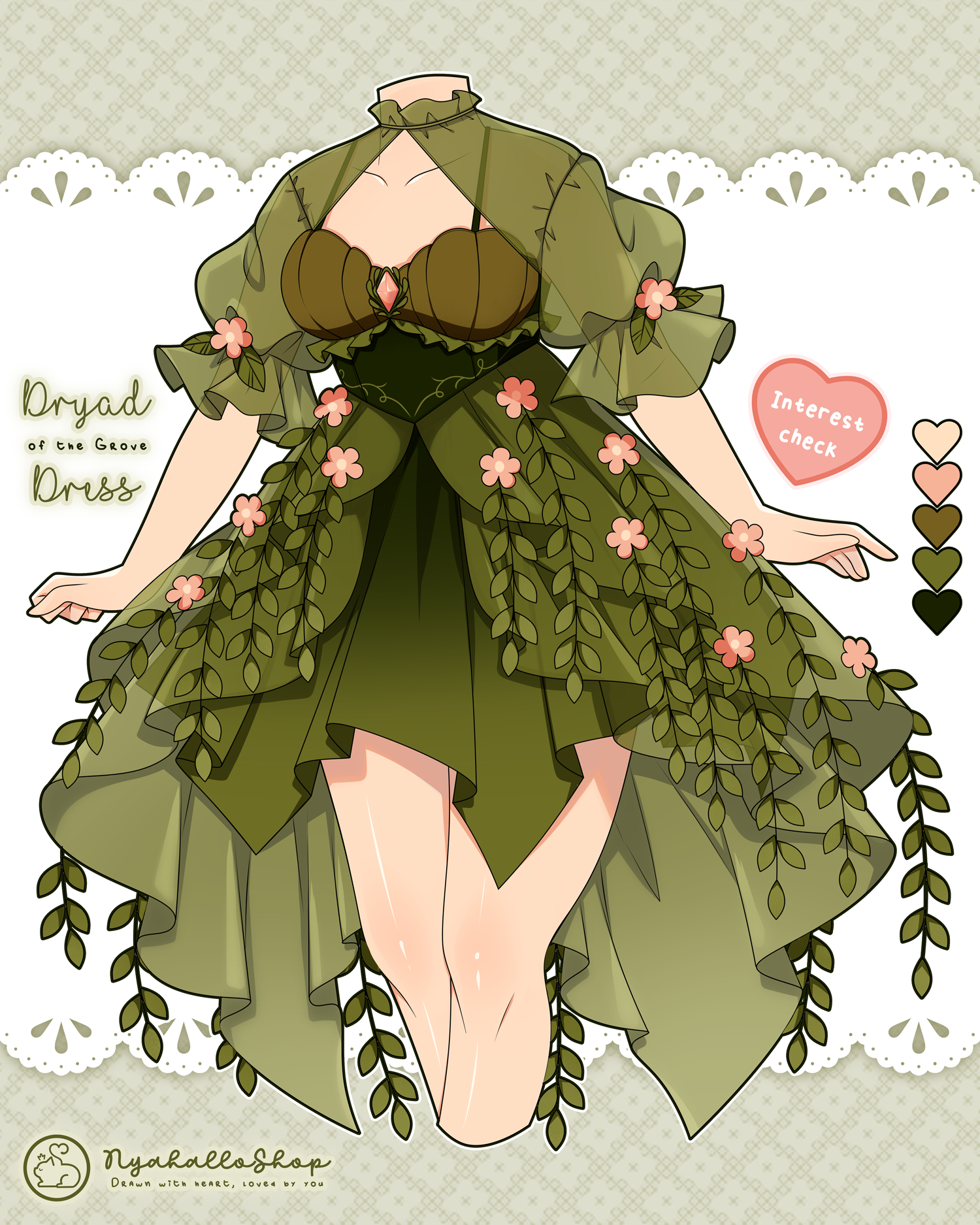 Illustration of a green dress with floral and leaf details on a light background