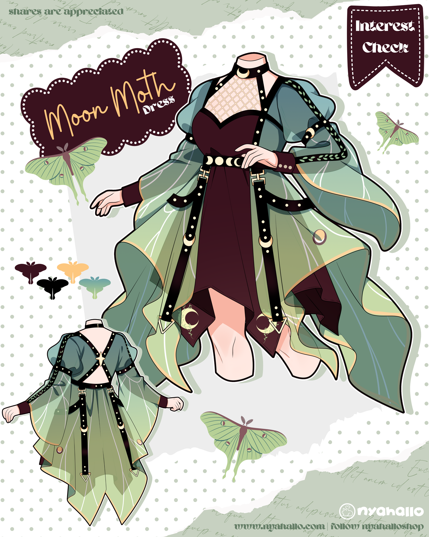 Whimsical fairycore luna moth dress concept in sage green and deep burgundy brown with flowing layered sleeves, asymmetrical skirt, crescent moon accents, and fantasy fashion details.