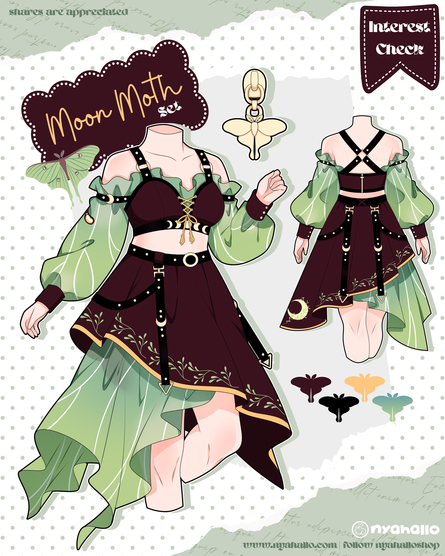 Whimsical fairycore luna moth outfit set in sage green and deep burgundy brown with asymmetrical layered skirt, puff sleeves, corset lacing, crescent moon accents, and fantasy fashion details.