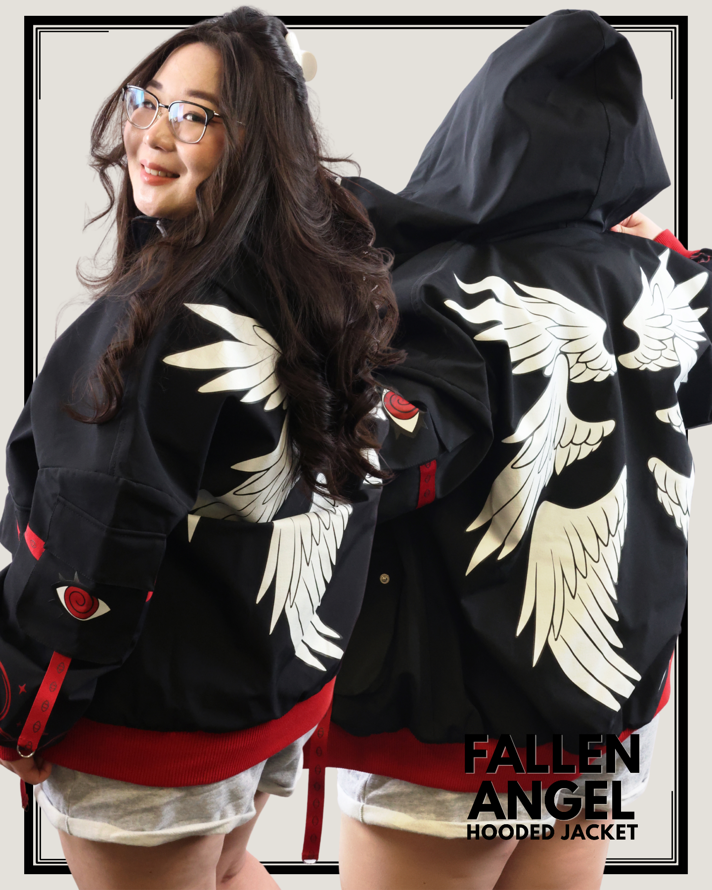 Model wearing a black hooded jacket with angel wings design, shown from front and back.