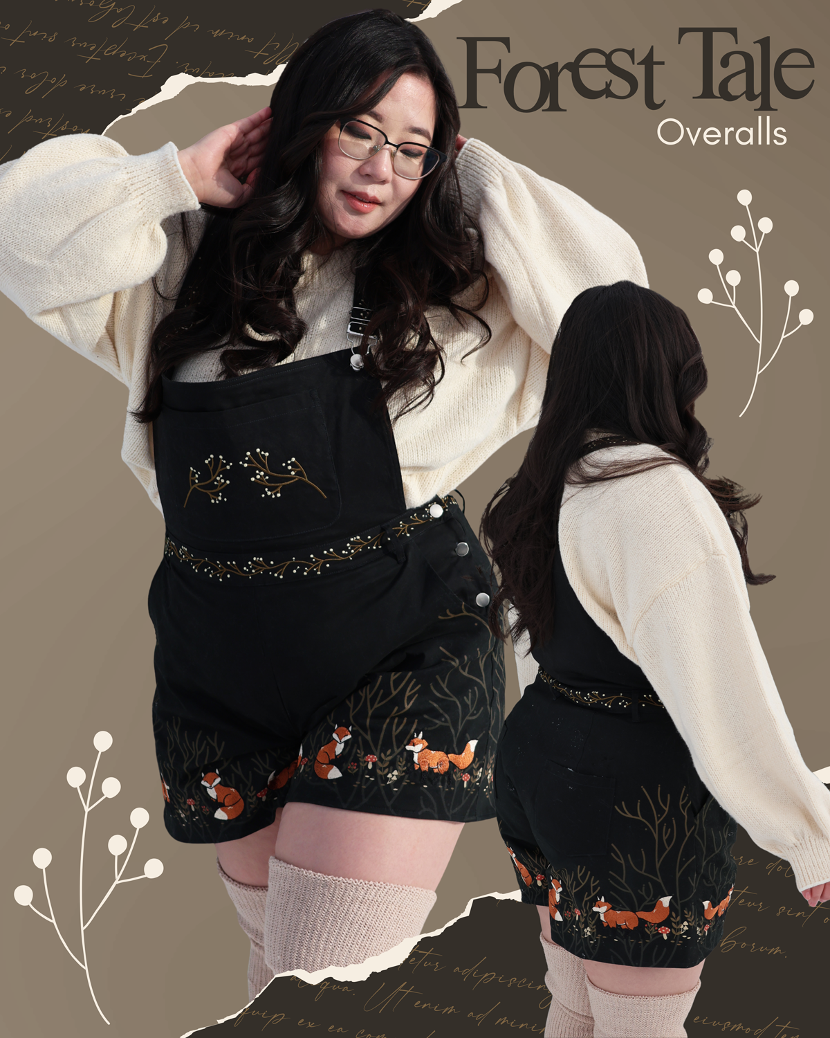 Model wearing black Forest Tale overalls with fox and forest embroidery, vine details, and woodland inspired artwork shown from multiple angles.