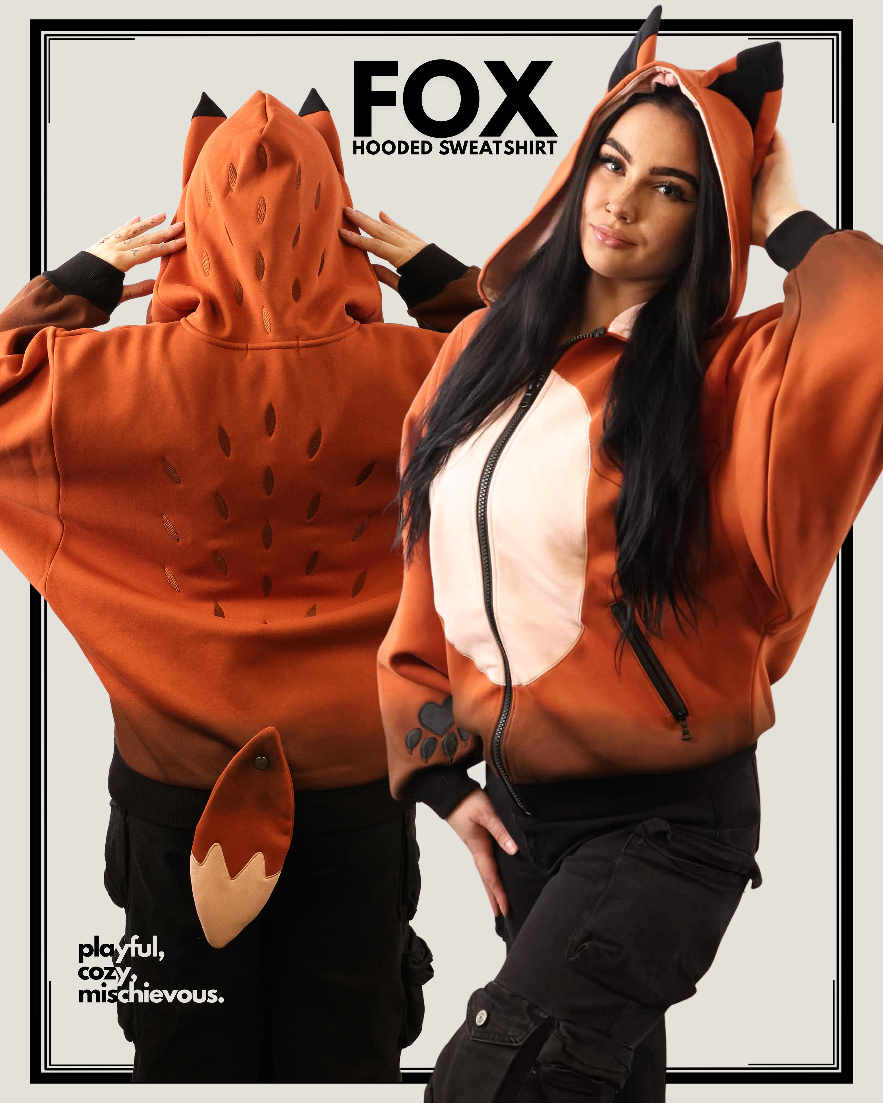 Collage of an orange Fox Hooded Sweatshirt with animal ears on the hood and a detachable tail. Includes the text 'FOX HOODED SWEATSHIRT' and 'playful, cozy, mischievous.'