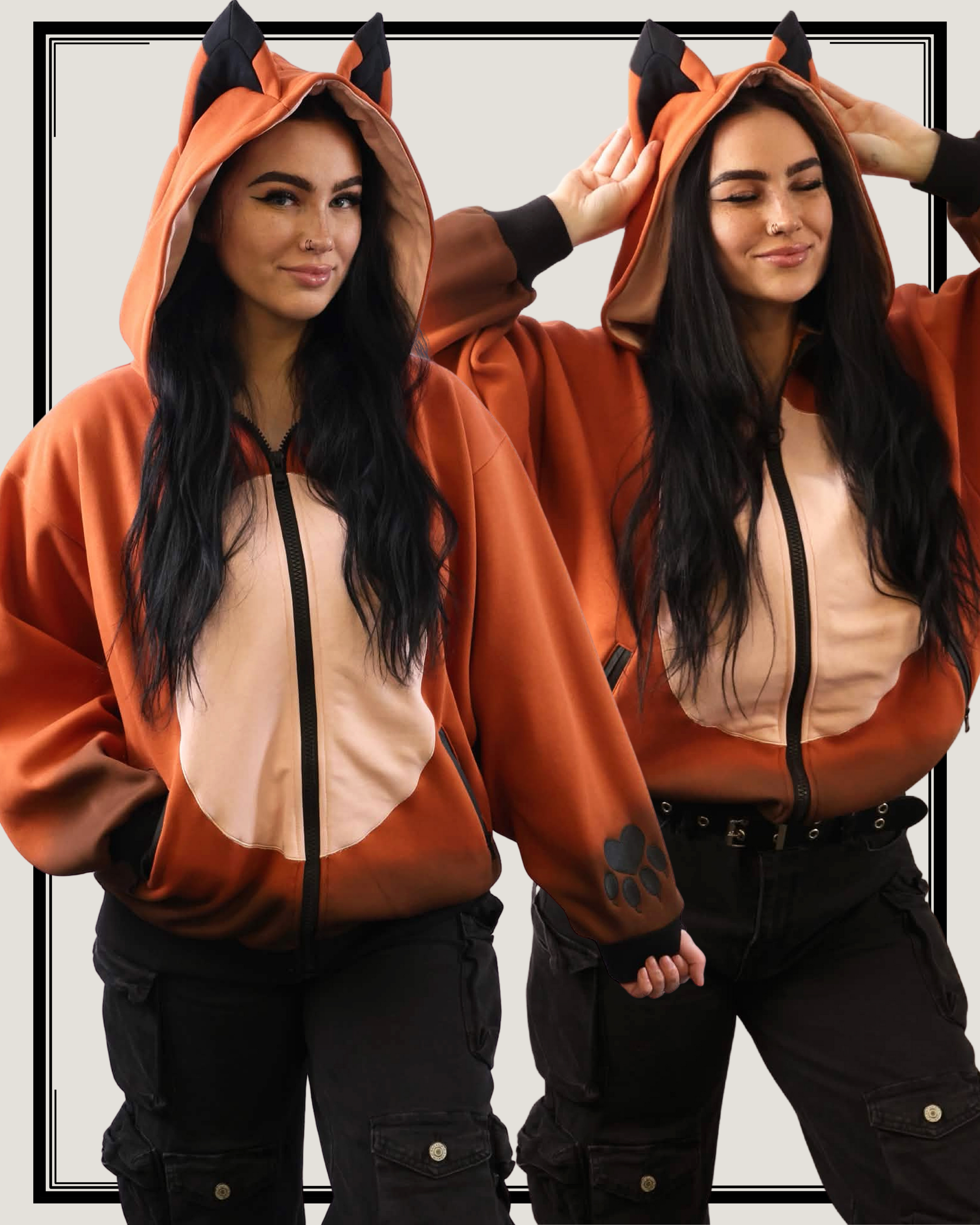 Front view collage of the orange Fox Hooded Sweatshirt showing the cream-colored belly panel, hood with ears, and black paw print details on the sleeve cuffs.