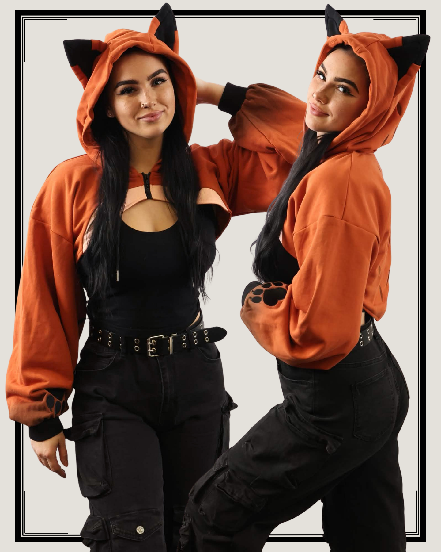 Model wearing an fox hoodie shrug with fox ears 