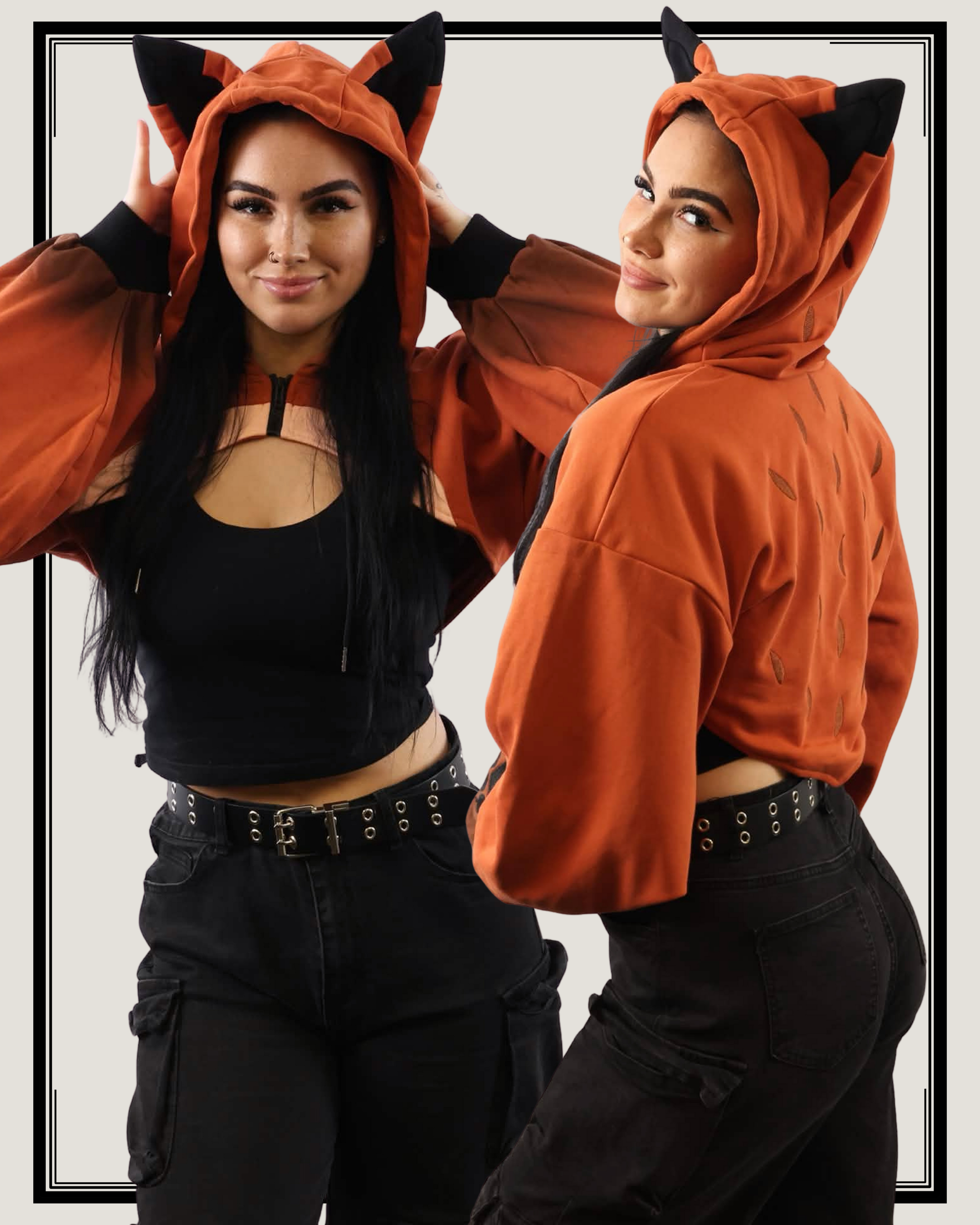 Front and side view of a model in the Fox Hooded Shrug, showing the full length of the orange sleeves with black paw prints and the tail detail.
