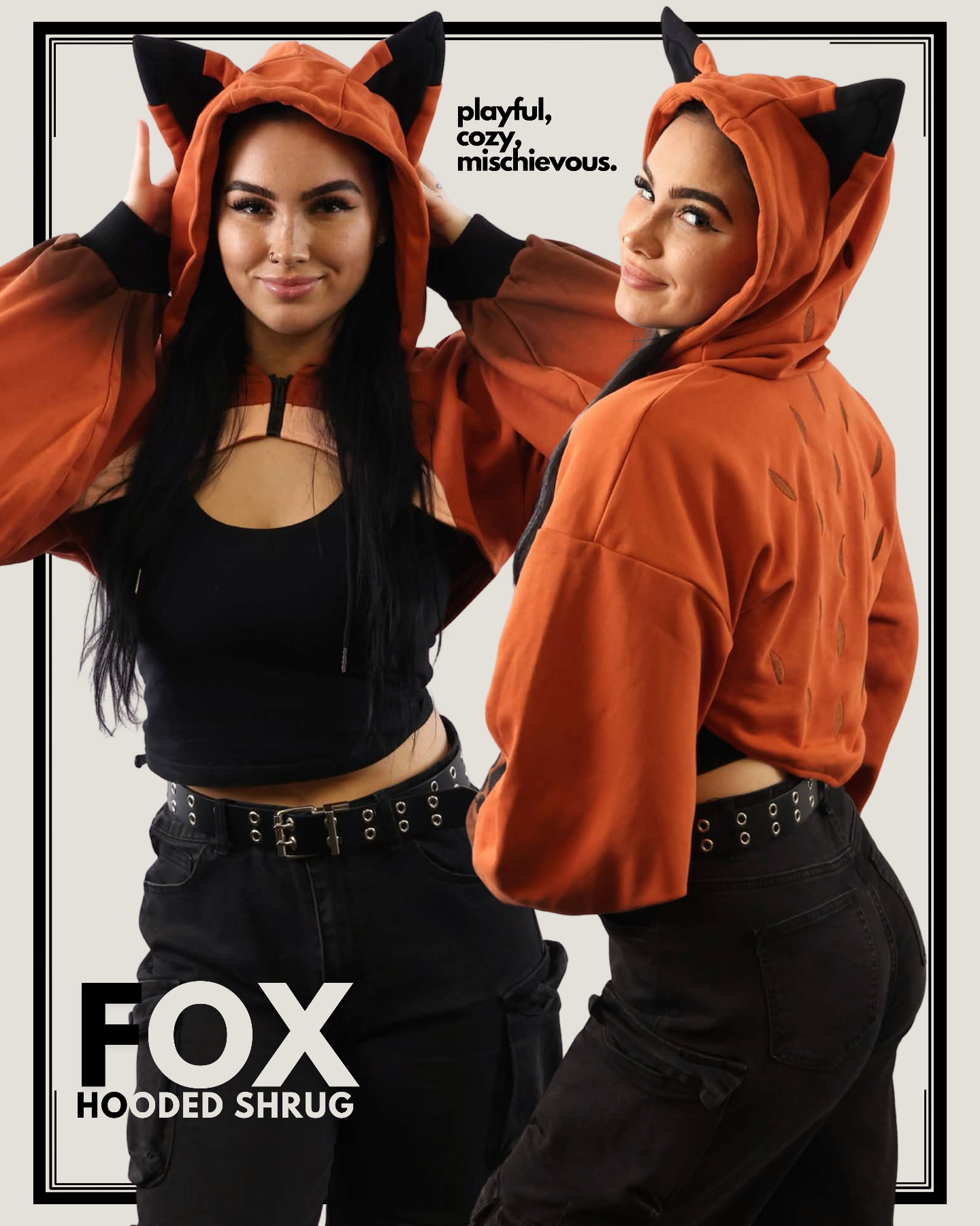 Side view of a model in the Fox Hooded Shrug, showing the full length of the orange sleeves with black paw prints and the tail detail.