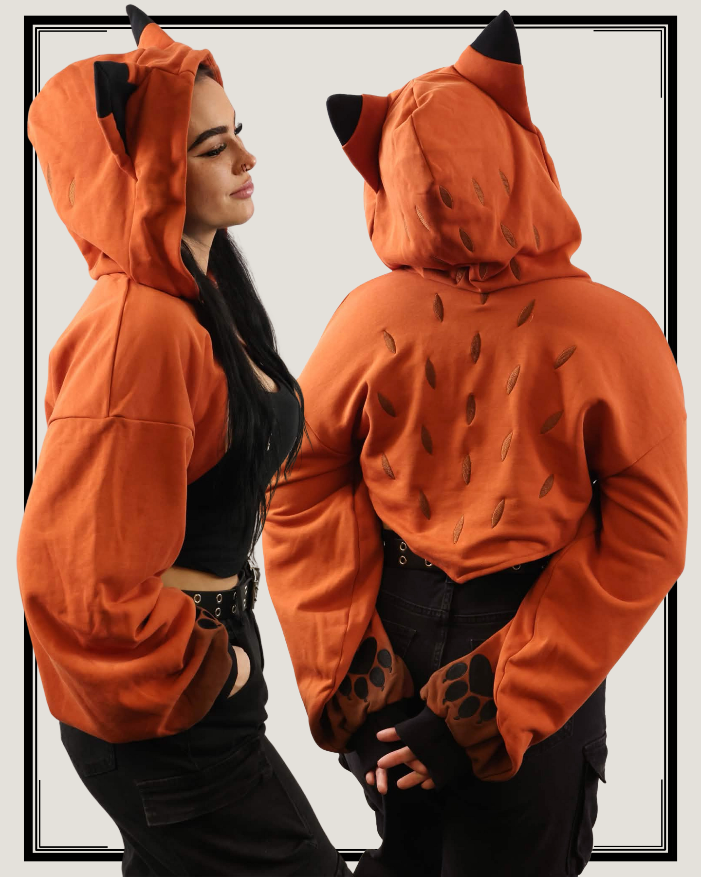Model wearing an Fox Shrug with fox ears and paw prints, shown from front and back.