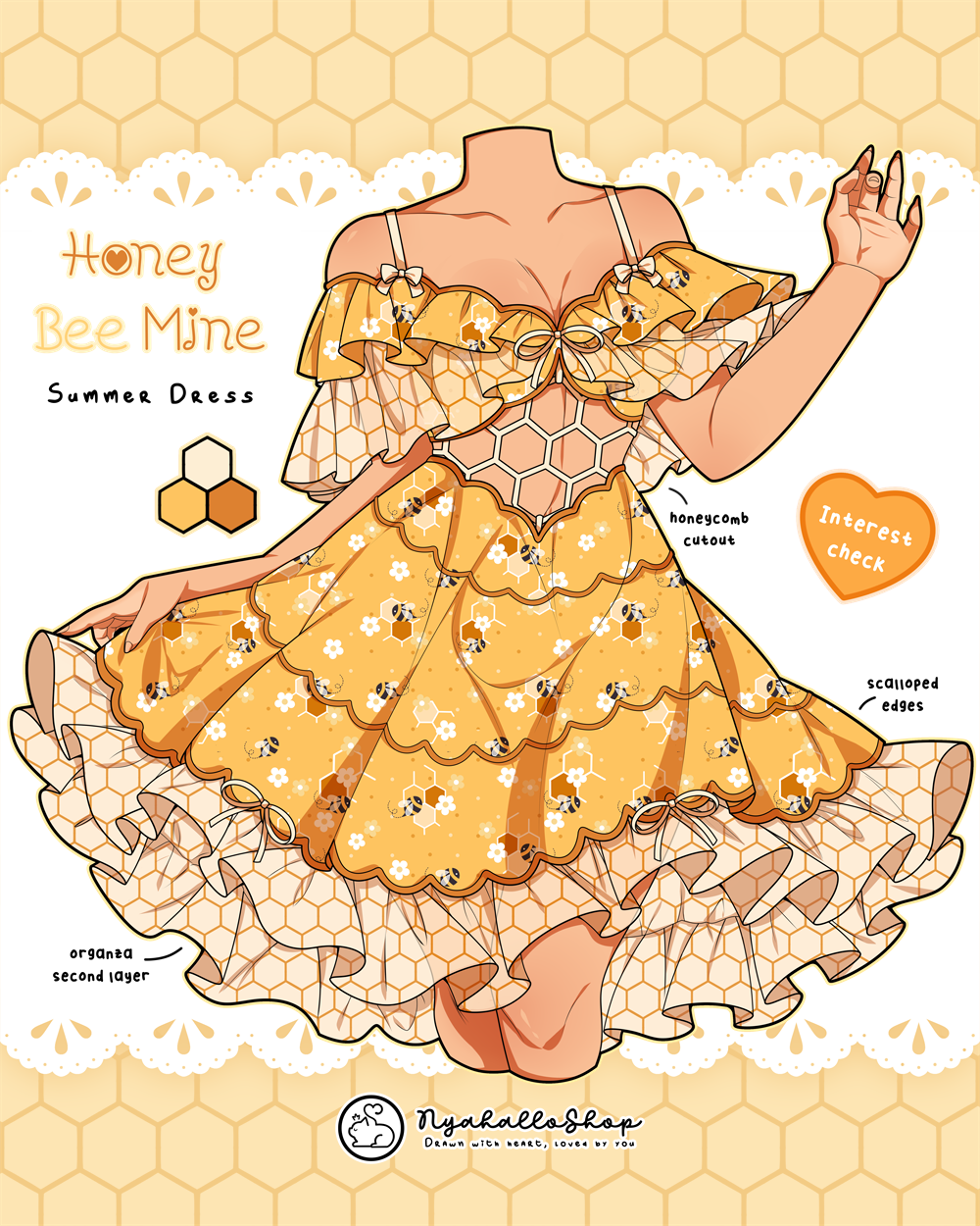 Yellow dress with honeycomb pattern on a matching background.