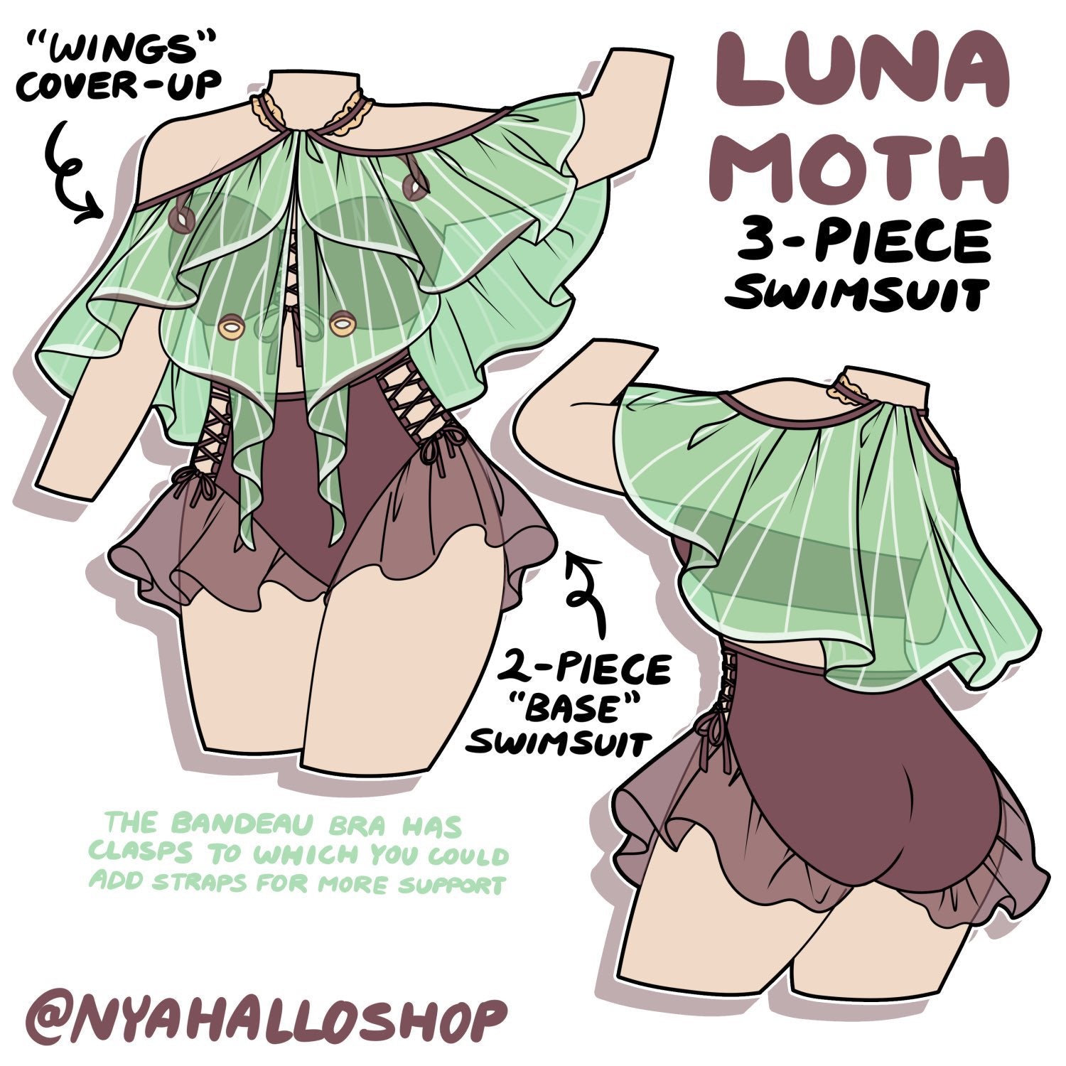Concept illustration of the Luna Moth Swimsuit Set featuring a brown two-piece swimsuit with lace-up sides and a detachable green luna moth wing-inspired cover-up. Front and back views shown with fantasy fairycore details.