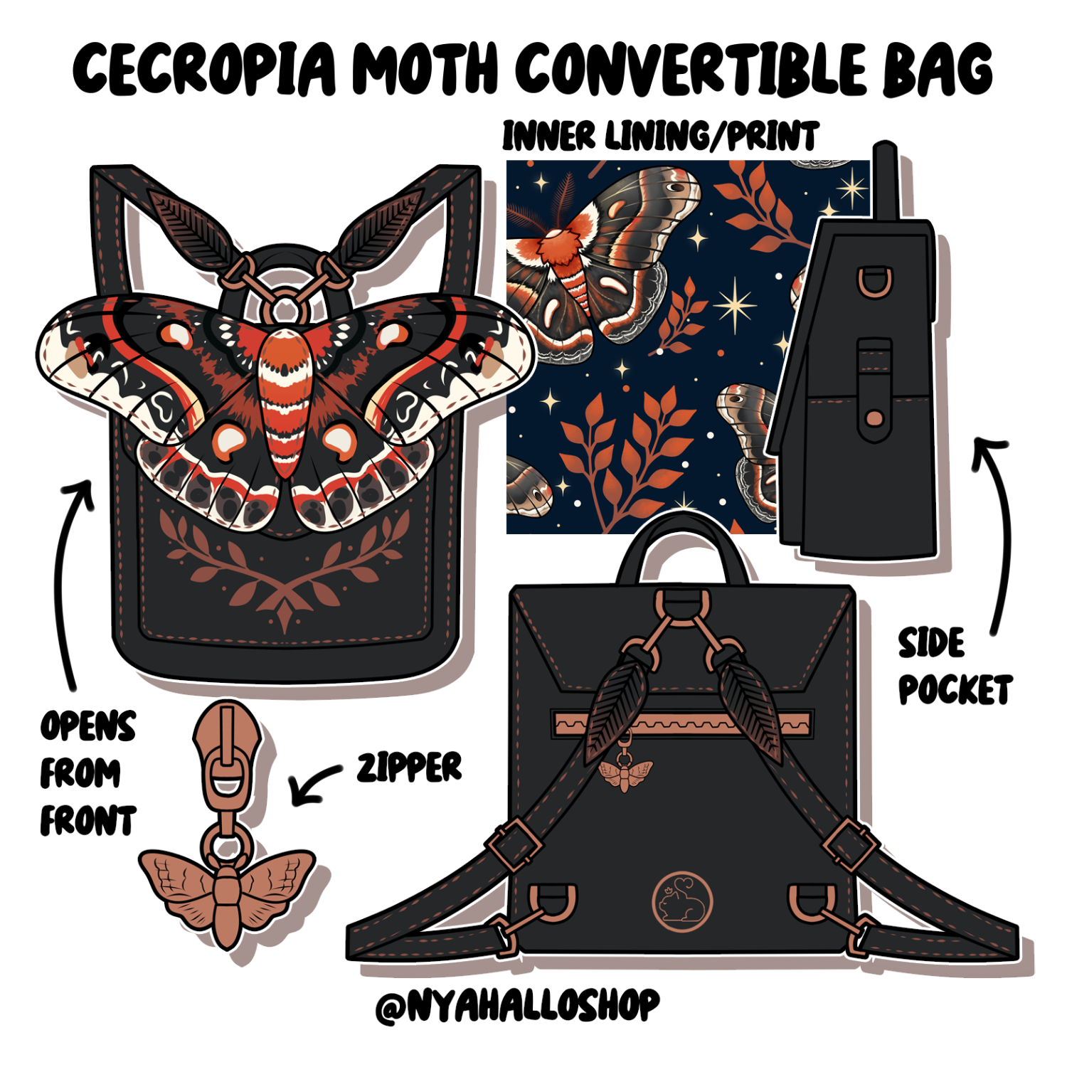 [PRE-SAMPLE PRE-ORDER] Cecropia Moth Convertible bag (sample in progress)