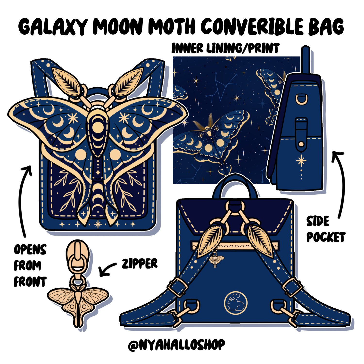 [PRE-SAMPLE PRE-ORDER] Galaxy Moon Moth Convertible bag (sample in progress)