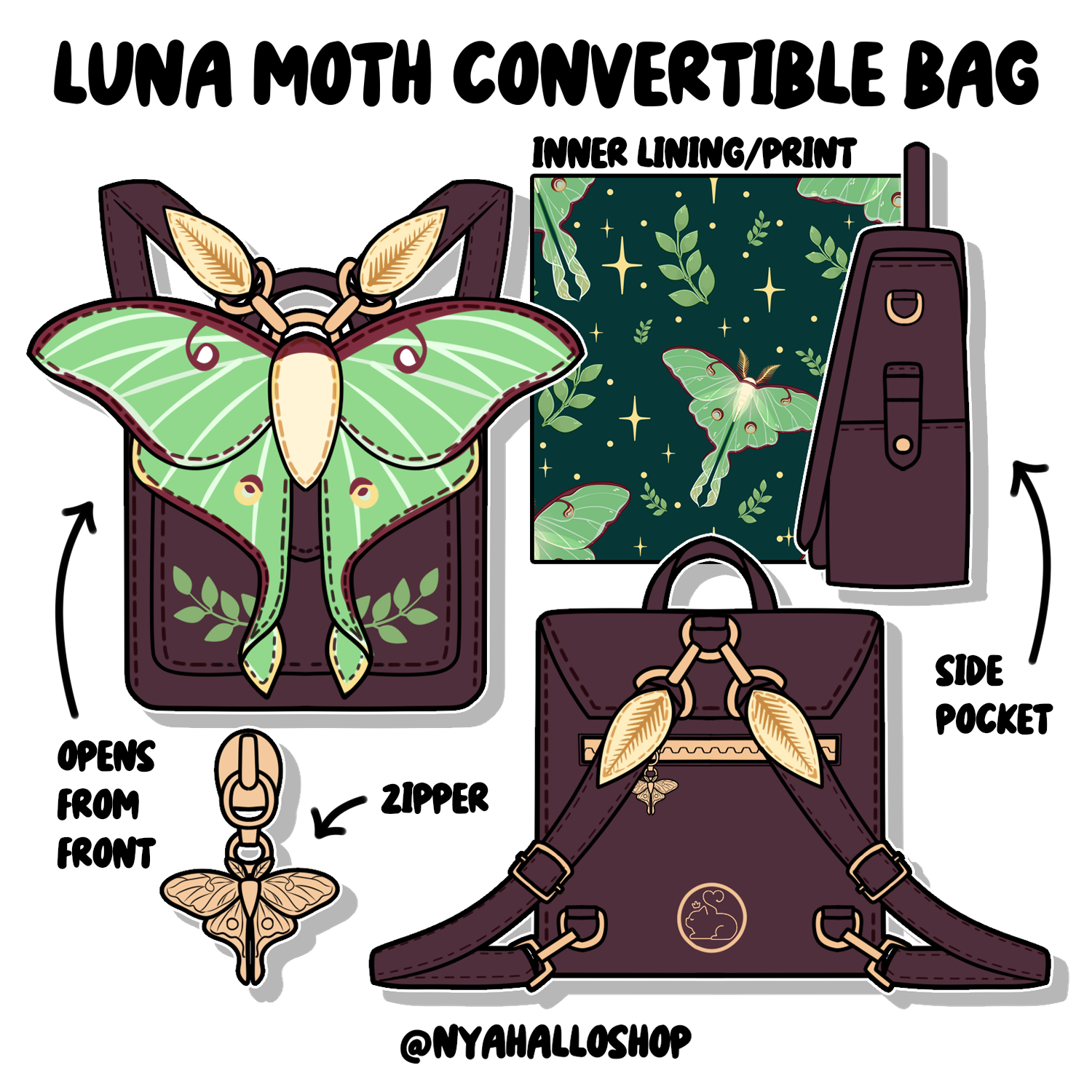 Illustration of the Luna Moth Convertible Bag by Nyahallo, featuring a green moth-shaped front, zipper charm, side pockets, and forest-themed inner lining. Functions as a backpack or crossbody.