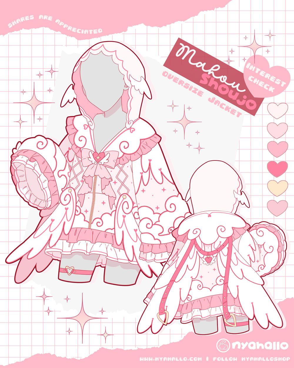 Mahou Shoujo magical girl jacket featuring angel wings, decorative bows, heart motifs, oversized sleeves, and whimsical fantasy fashion aesthetics.
