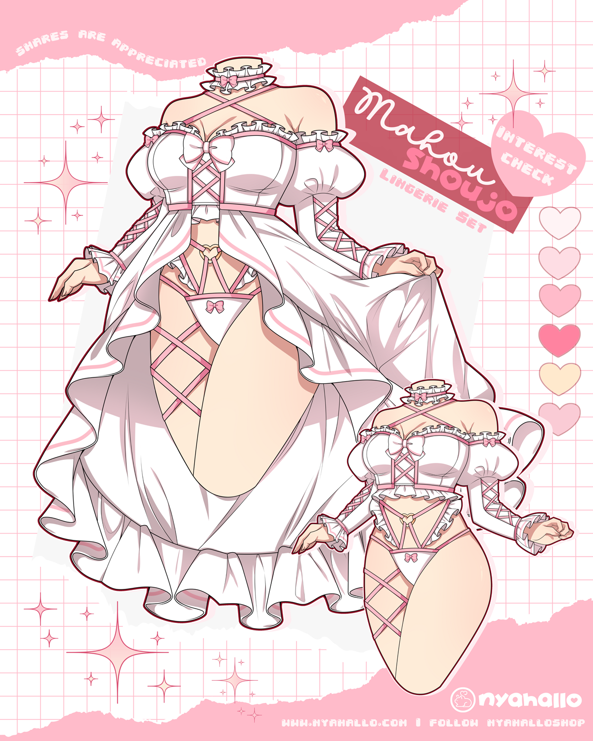 Mahou Shoujo magical girl lingerie set featuring transformation-inspired fashion, corset details, layered ribbons, bows, removable overskirt, and whimsical fantasy aesthetics.