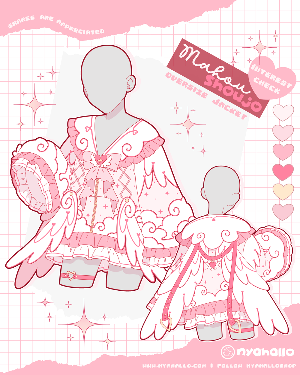 Mahou Shoujo magical girl jacket featuring angel wings, heart motifs, oversized sleeves, decorative bows, and pastel pink fantasy aesthetics.