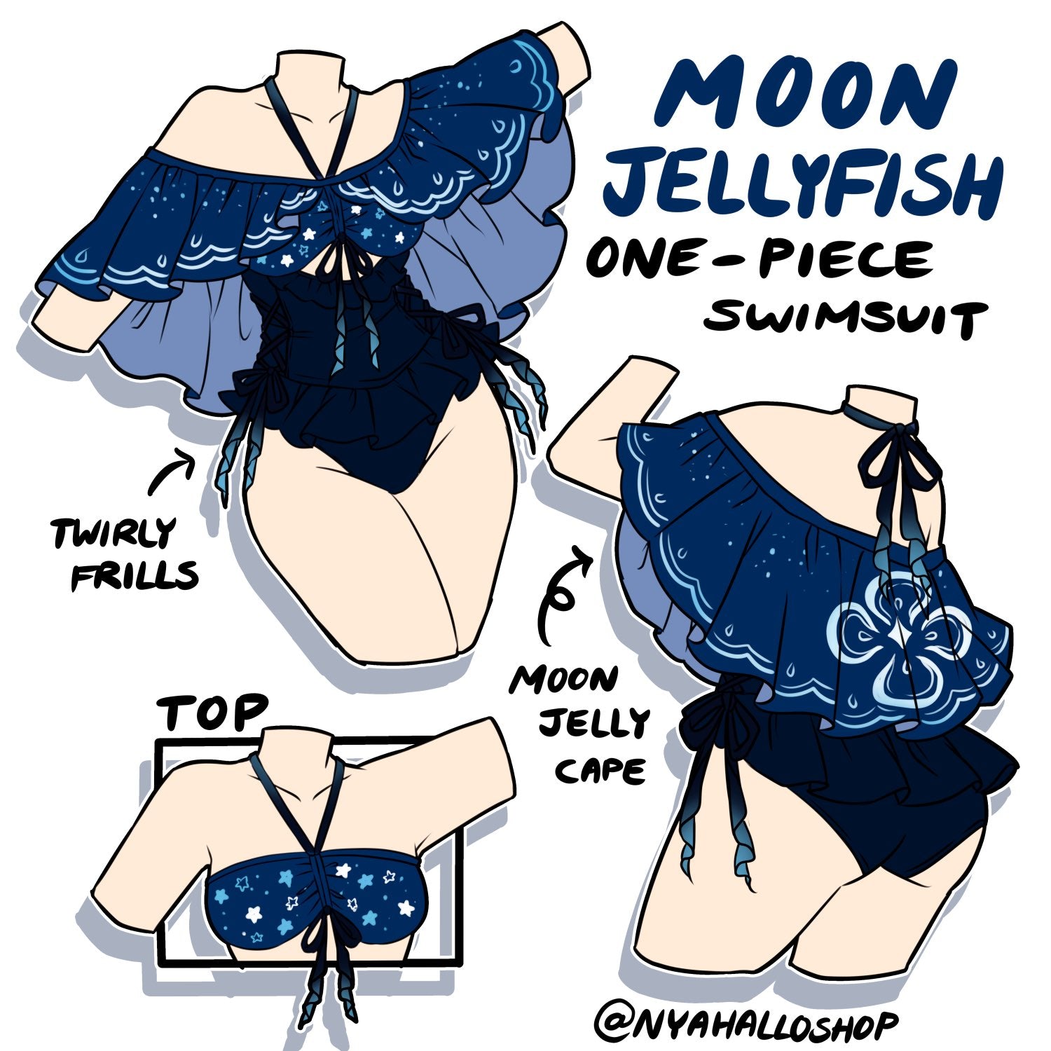 Illustration concept art of a whimsical blue moon jellyfish one-piece swimsuit with celestial details, frilled sleeves, and a detachable cape accessory.