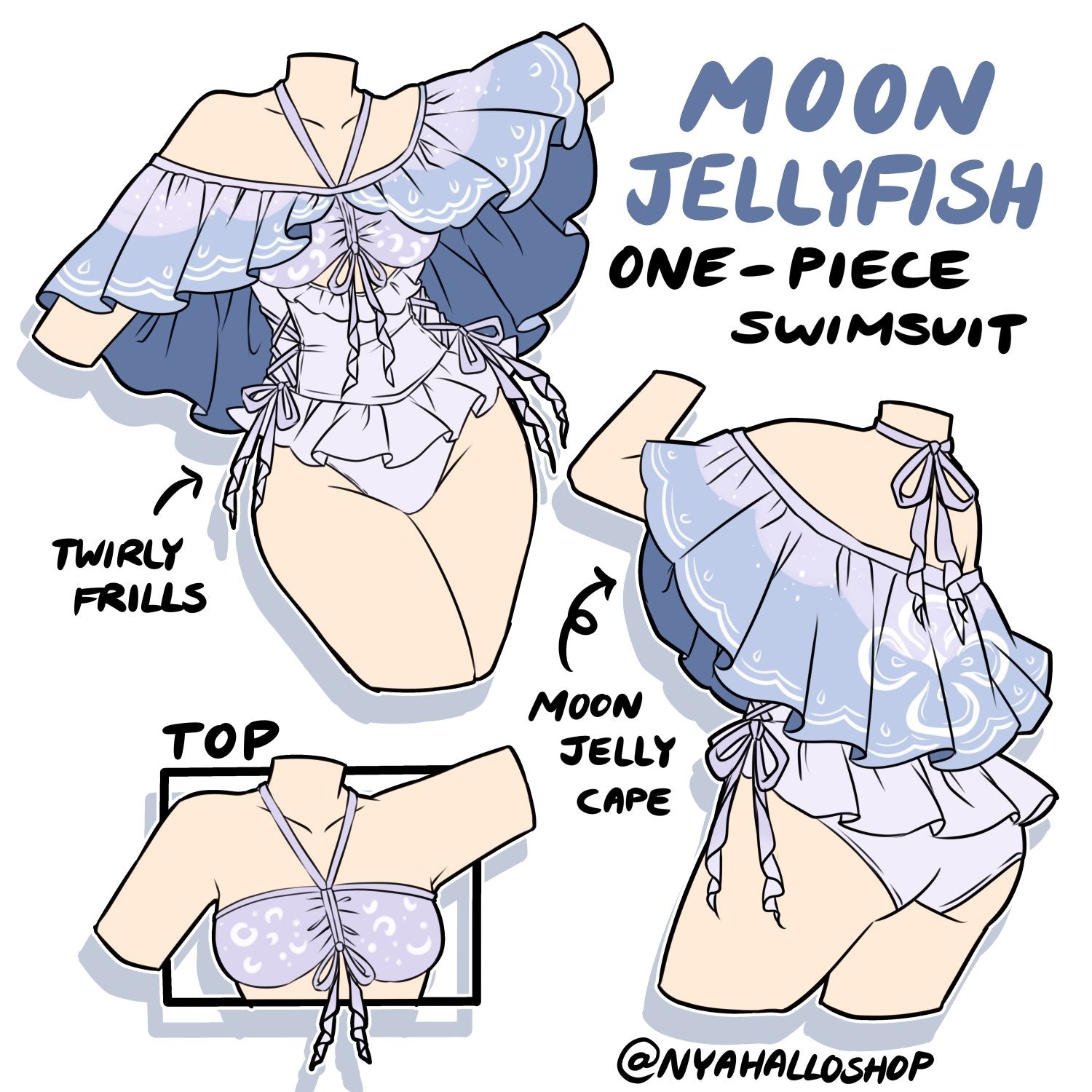 Moon jellyfish-inspired fairycore one piece swimsuit with layered frills, corset lacing, and flowing detachable cape in soft pastel tones.