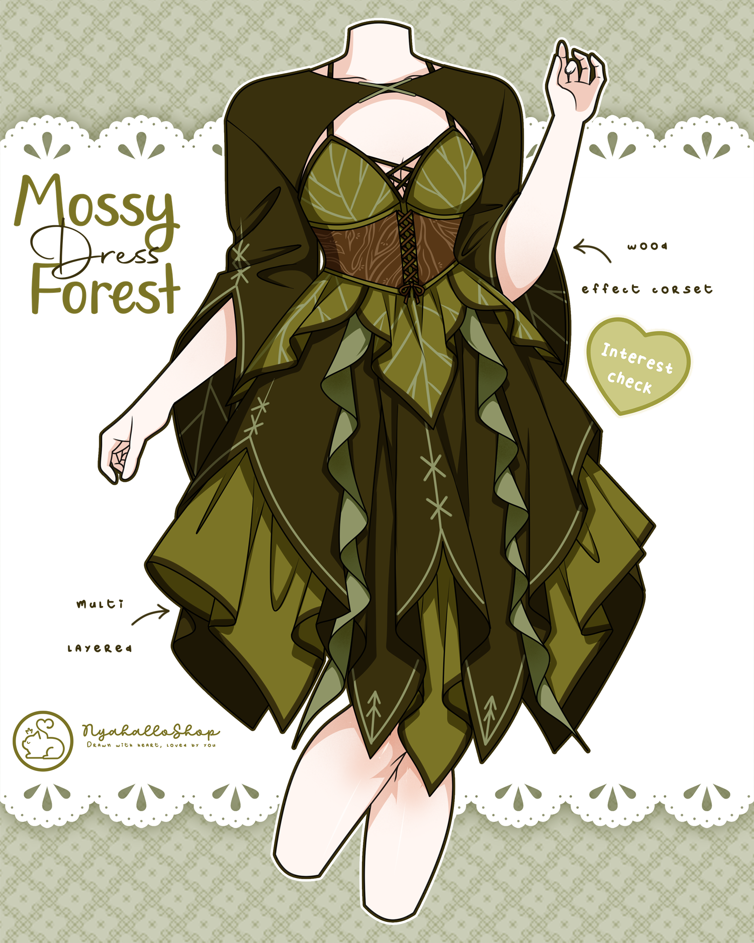 Illustration of the “Mossy Forest” dress by Nyahallo, a woodland fantasy outfit featuring layered moss-green panels, a wood-textured corset, and a matching shrug. A heart-shaped tag reads “Interest Check” and lace trim decorates the background.